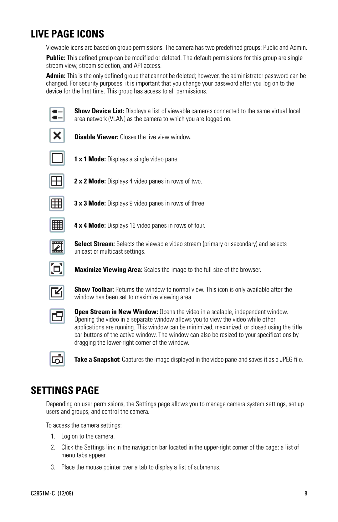 Pelco C2951M-C quick start Live page Icons, Settings 