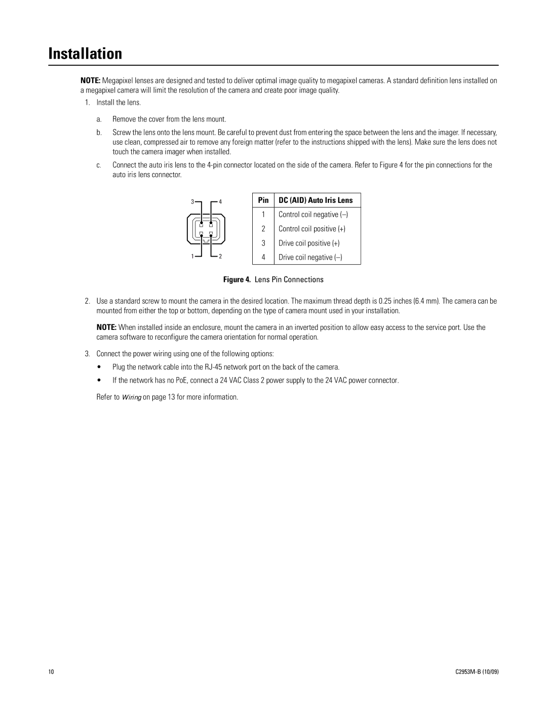 Pelco C2953M-B manual Installation, Pin 