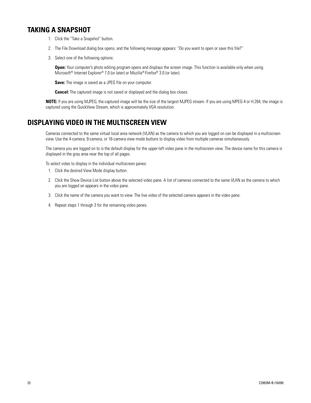 Pelco C2953M-B manual Taking a Snapshot, Displaying Video in the Multiscreen View 