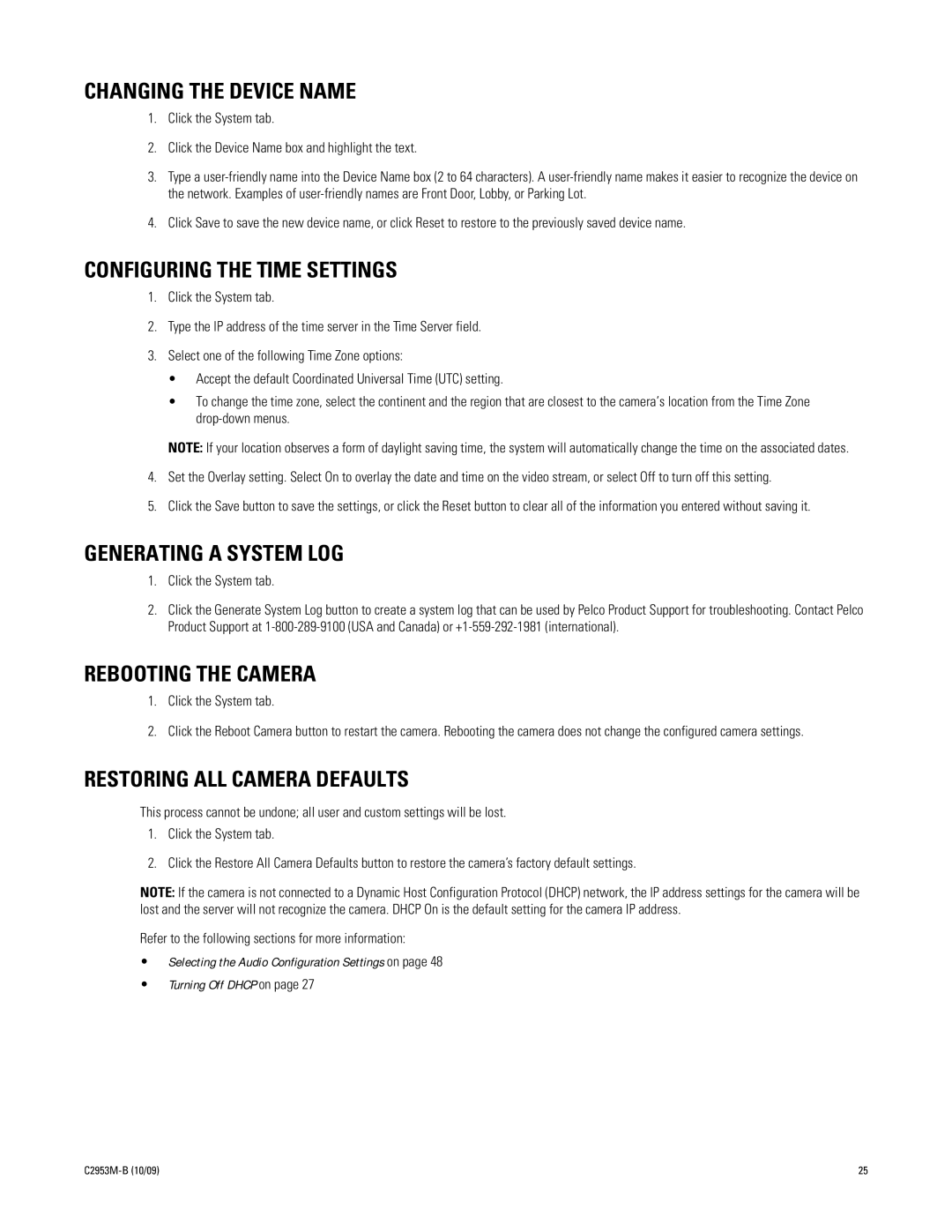 Pelco C2953M-B Changing the Device Name, Configuring the Time Settings, Generating a System LOG, Rebooting the Camera 
