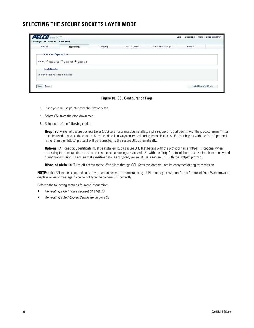 Pelco C2953M-B manual Selecting the Secure Sockets Layer Mode 