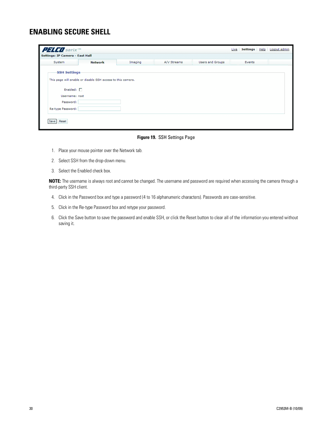 Pelco C2953M-B manual Enabling Secure Shell 