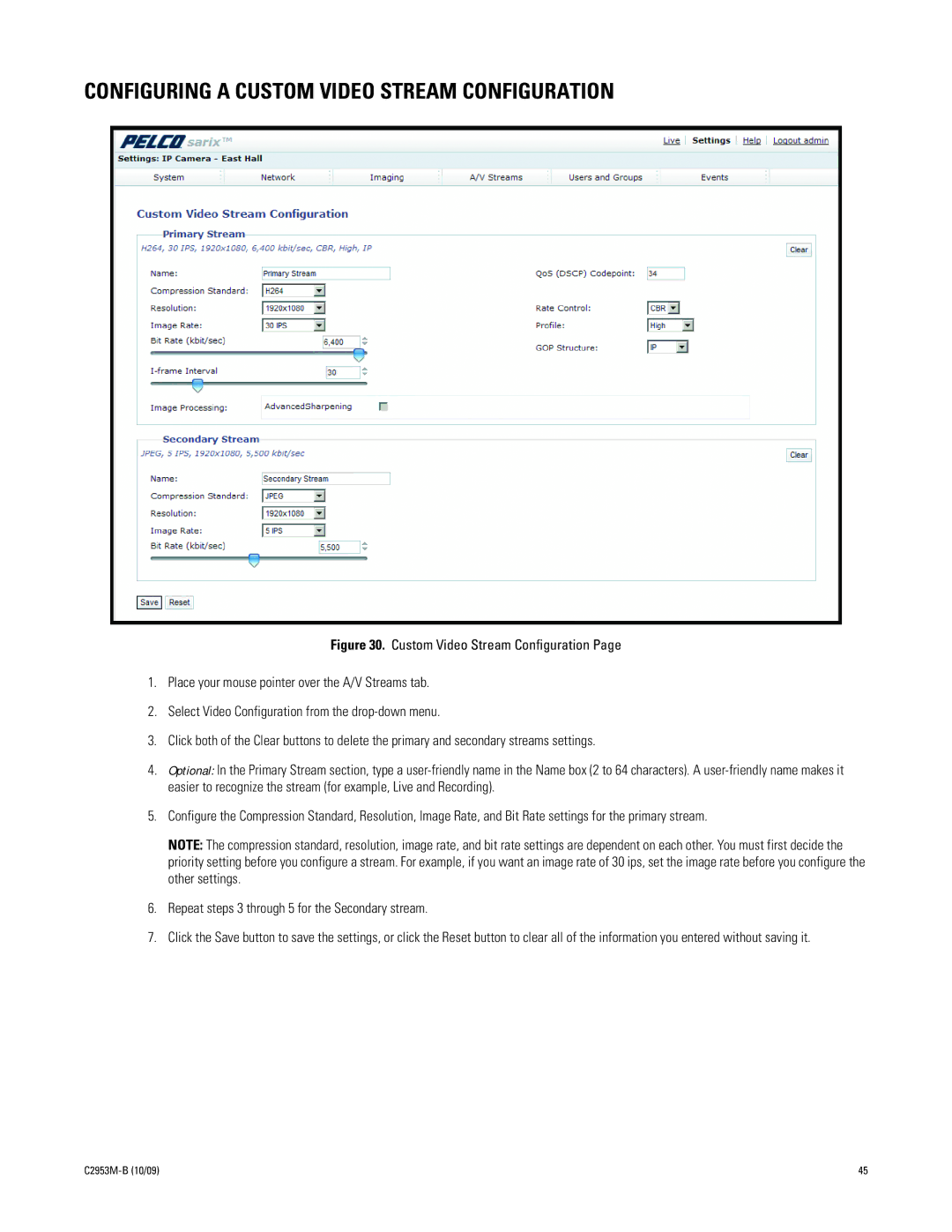 Pelco C2953M-B manual Configuring a Custom Video Stream Configuration 