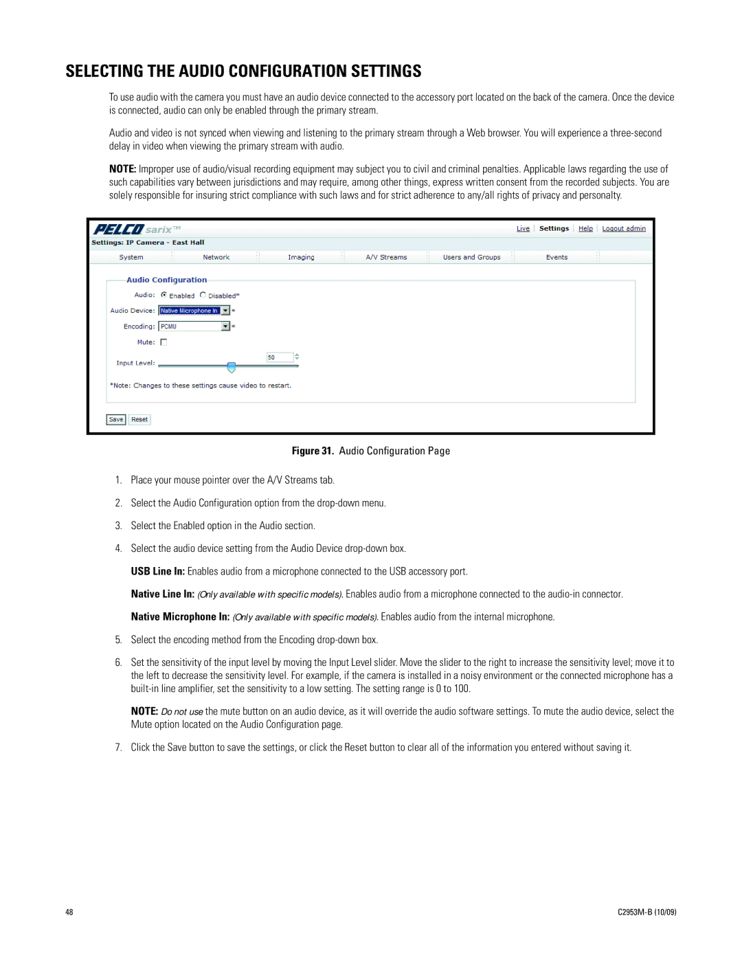 Pelco C2953M-B manual Selecting the Audio Configuration Settings 