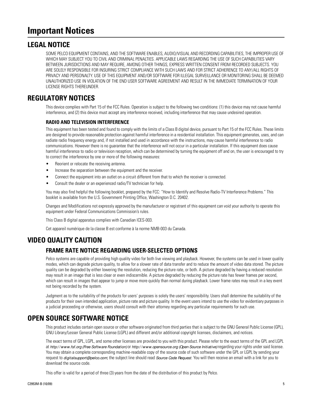 Pelco C2953M-B Important Notices, Legal Notice, Regulatory Notices, Video Quality Caution, Open Source Software Notice 