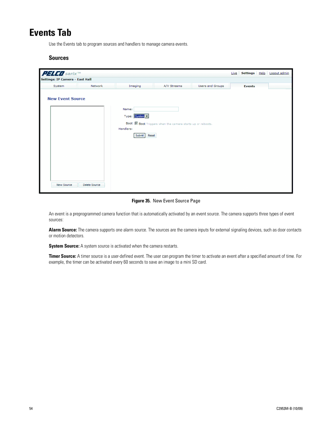 Pelco C2953M-B manual Events Tab, Sources 