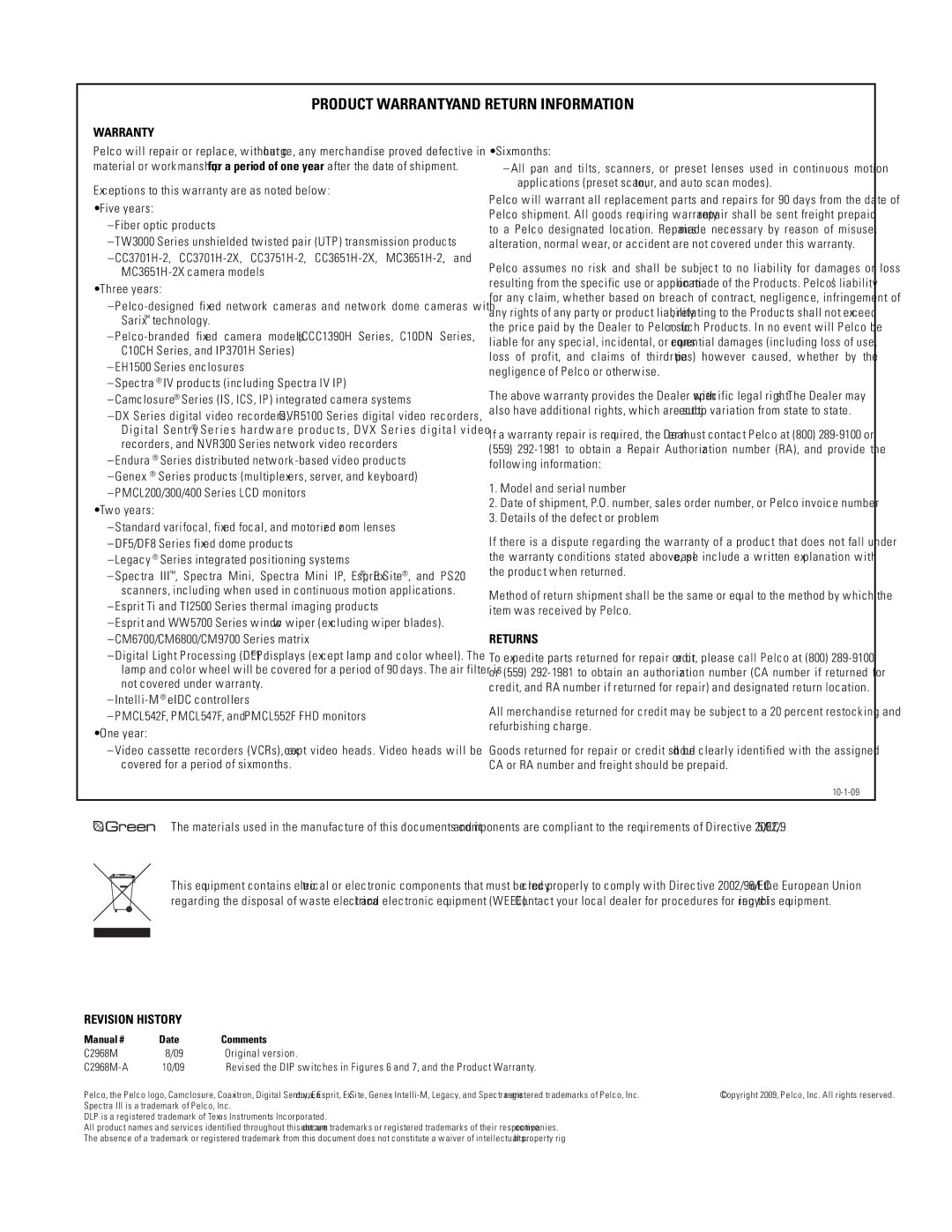 Pelco C2968M-A manual Product Warranty and Return Information 