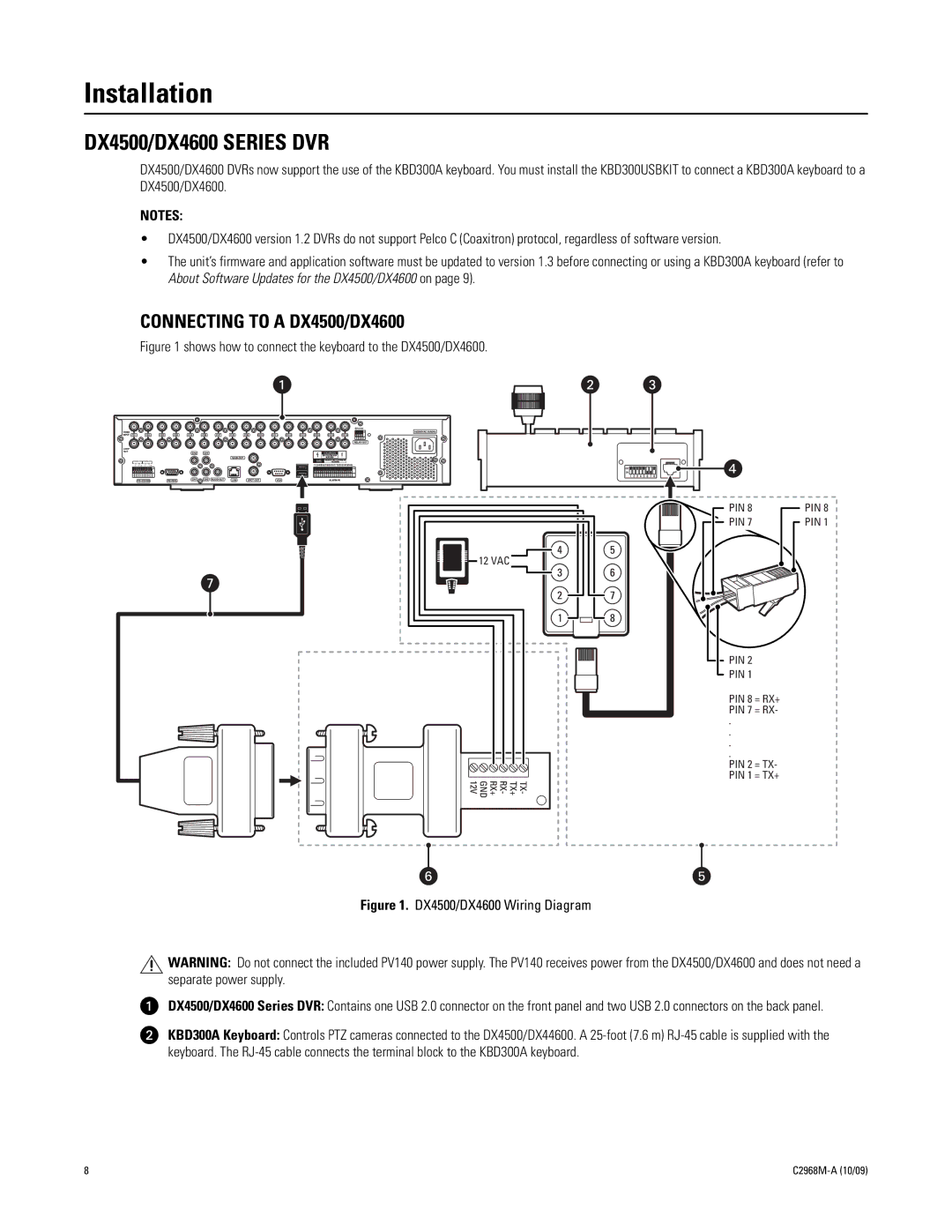 Pelco C2968M-A manual Installation, DX4500/DX4600 Series DVR, Connecting to a DX4500/DX4600 