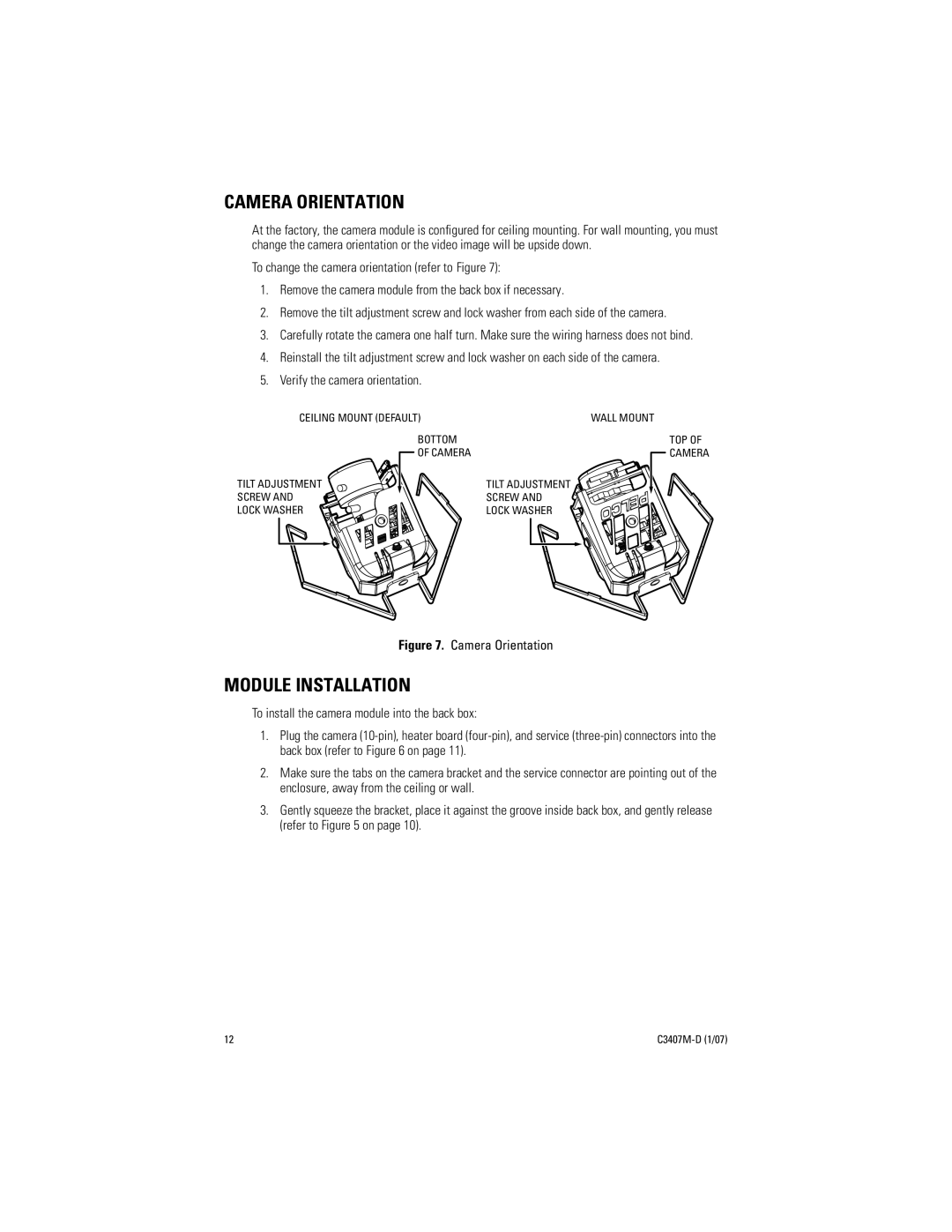 Pelco C3407M-D manual Camera Orientation, Module Installation 