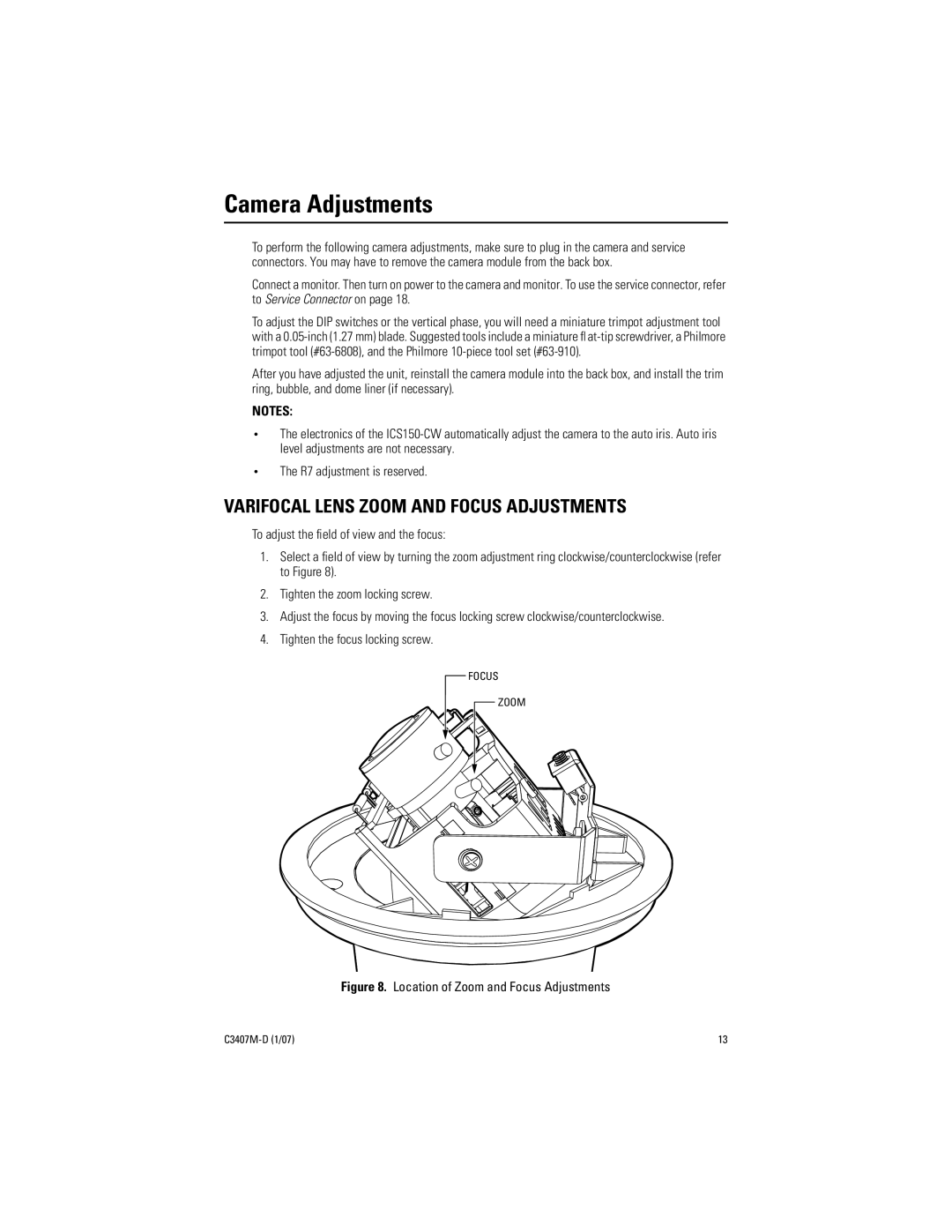 Pelco C3407M-D manual Camera Adjustments, Varifocal Lens Zoom and Focus Adjustments 