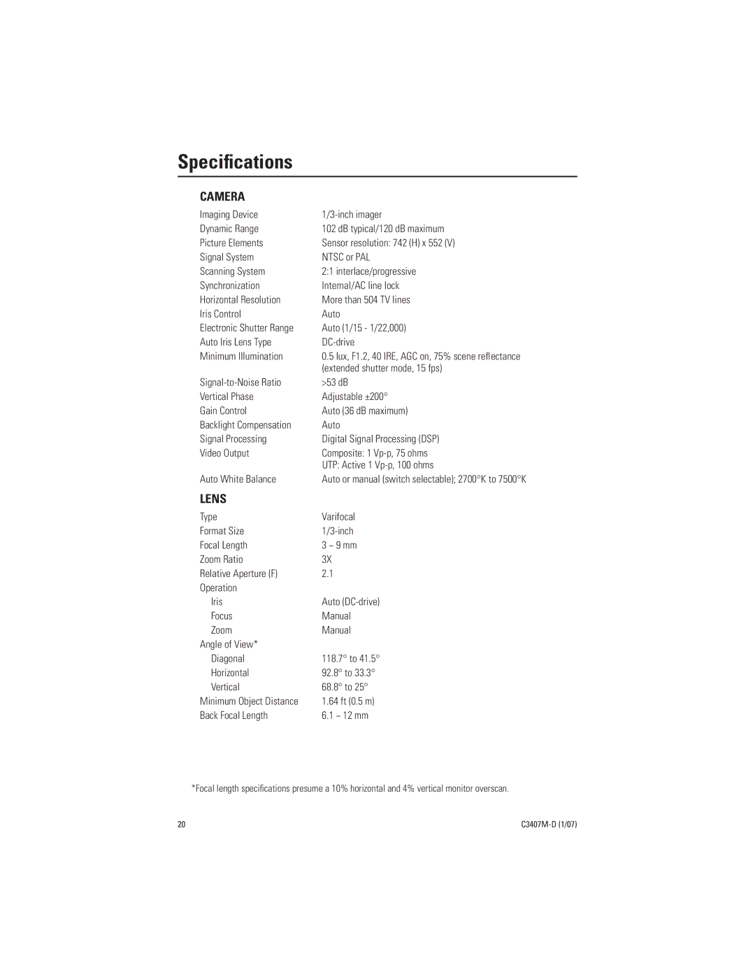 Pelco C3407M-D manual Speciﬁcations, Camera 