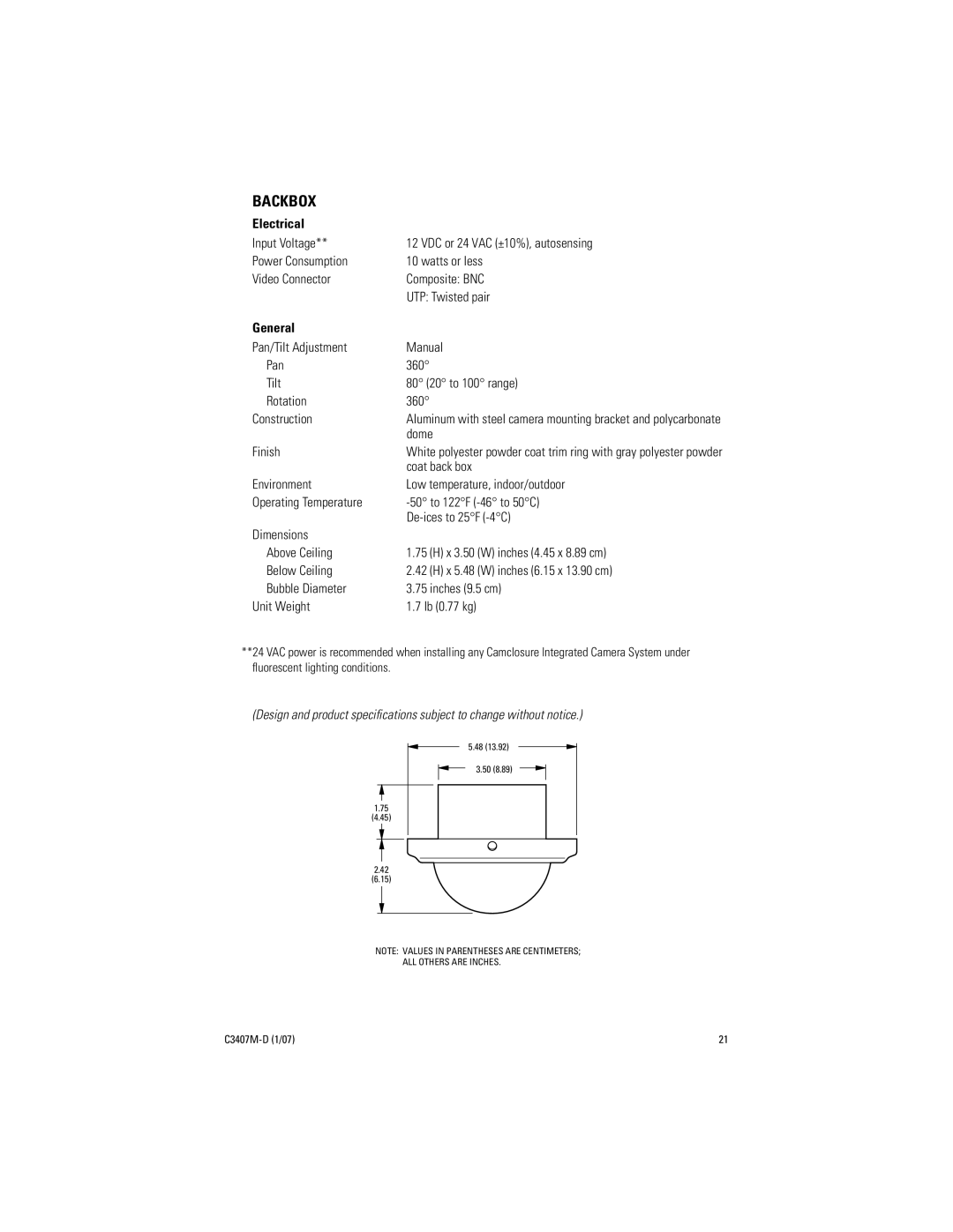 Pelco C3407M-D manual Electrical, General 