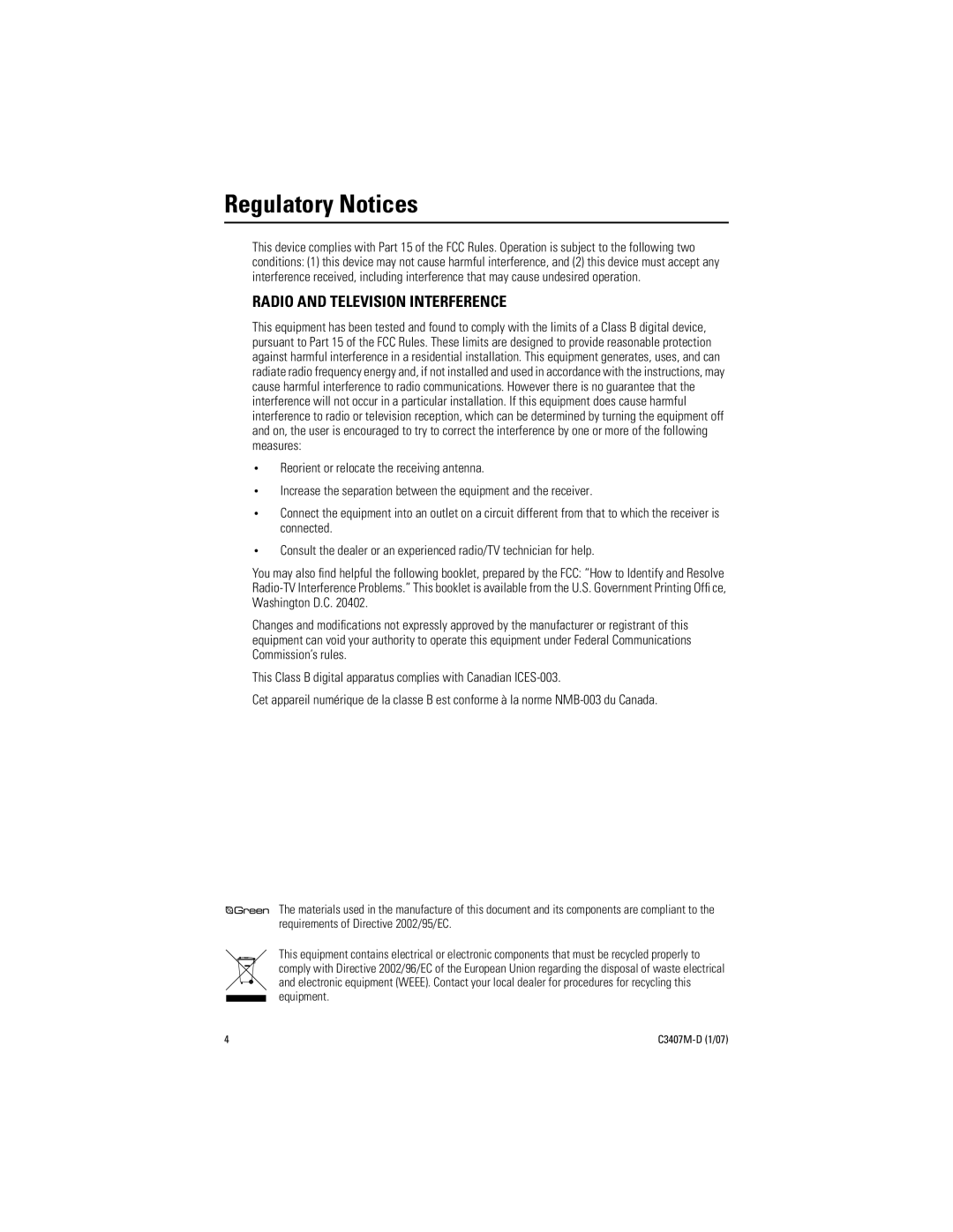 Pelco C3407M-D manual Regulatory Notices, Radio and Television Interference 