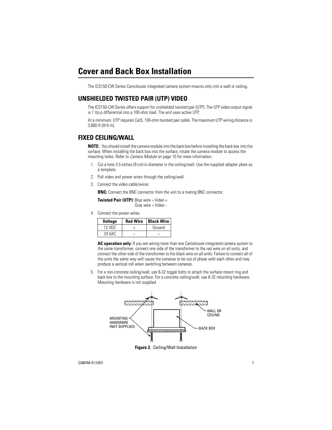 Pelco C3407M-D Cover and Back Box Installation, Unshielded Twisted Pair UTP Video, Fixed CEILING/WALL, Voltage Red Wire 