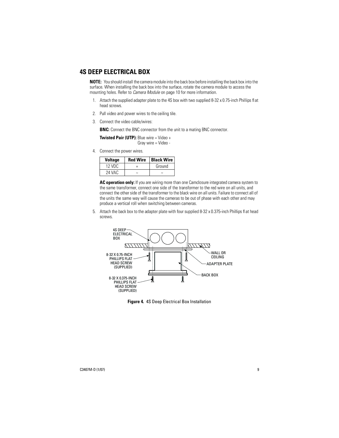 Pelco C3407M-D manual 4S Deep Electrical BOX, Deep Electrical Box Installation 