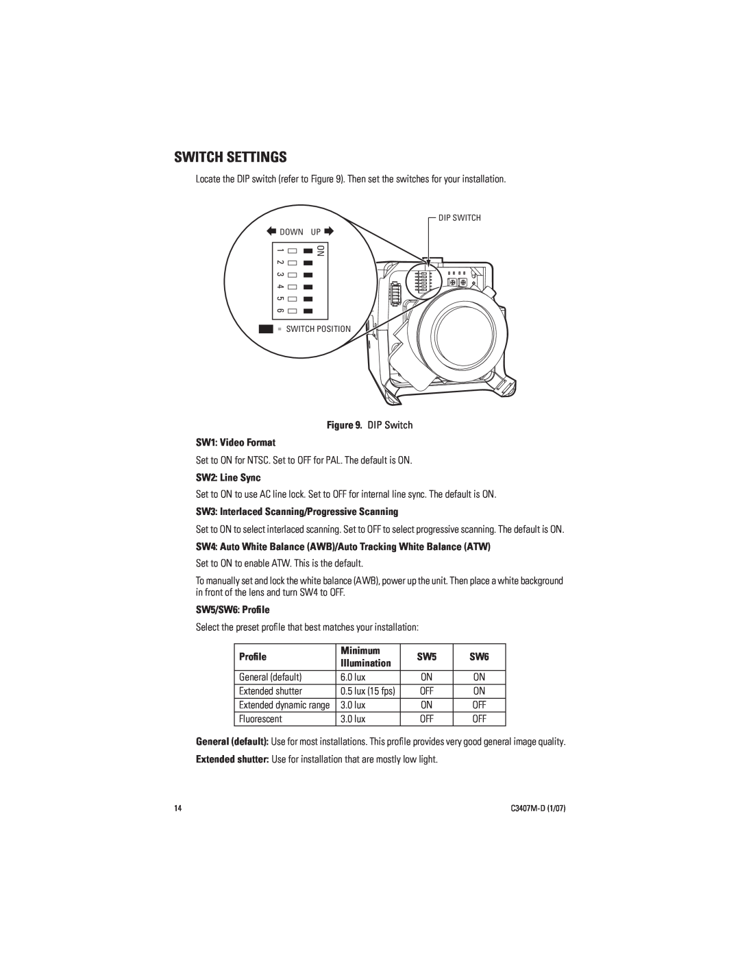 Pelco C3407M-D manual Switch Settings 