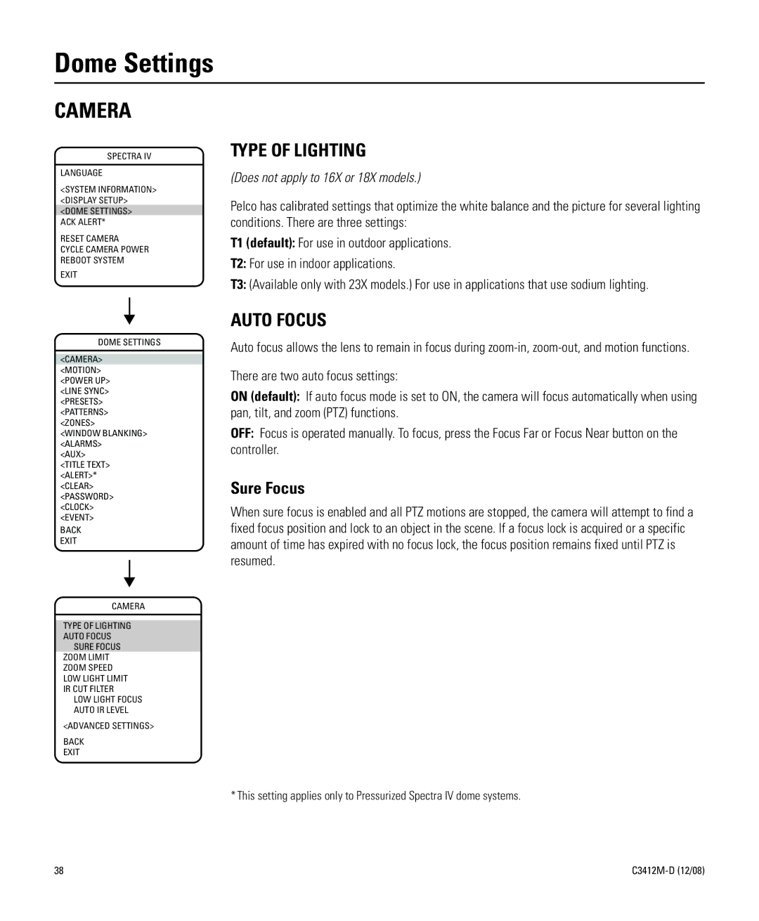 Pelco C3412M-D manual Type of Lighting, Auto Focus, Exit Dome Settings Camera 