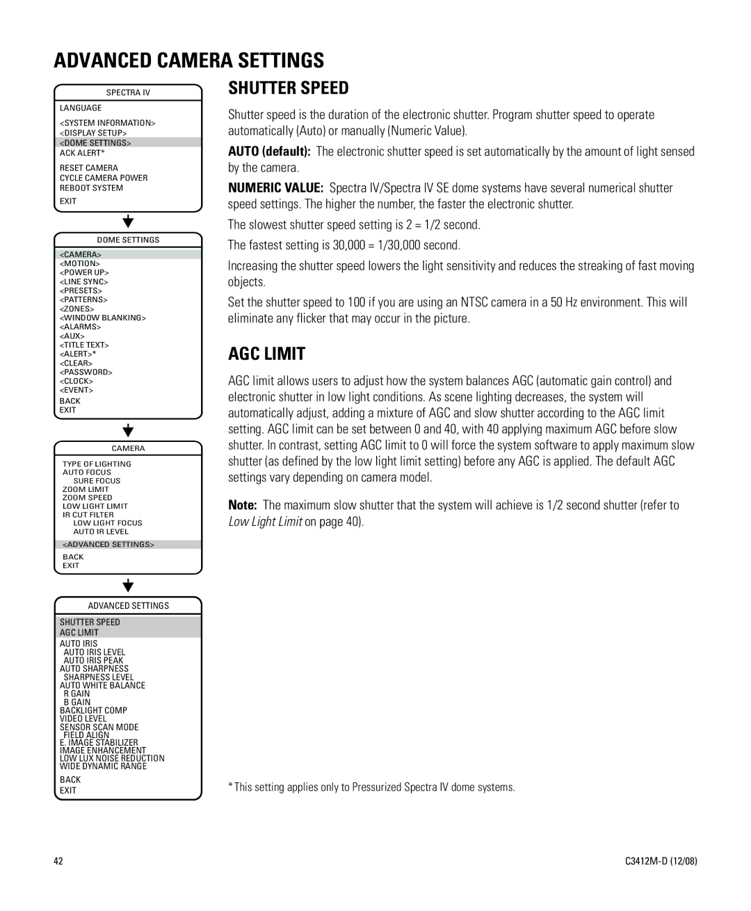 Pelco C3412M-D manual Advanced Camera Settings, Shutter Speed, AGC Limit 