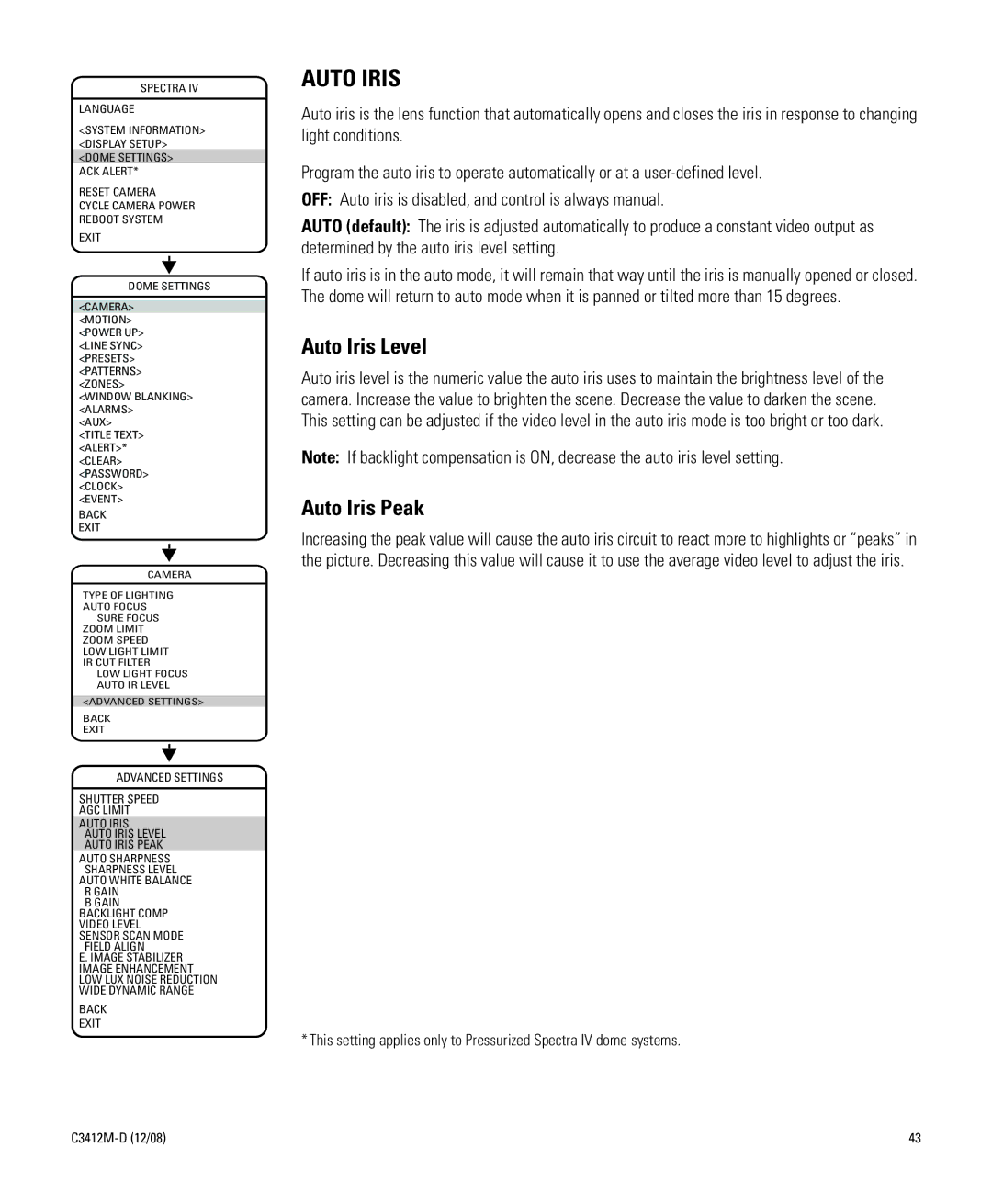 Pelco C3412M-D manual Auto Iris, Auto White Balance Gain B Gain, Back Exit 