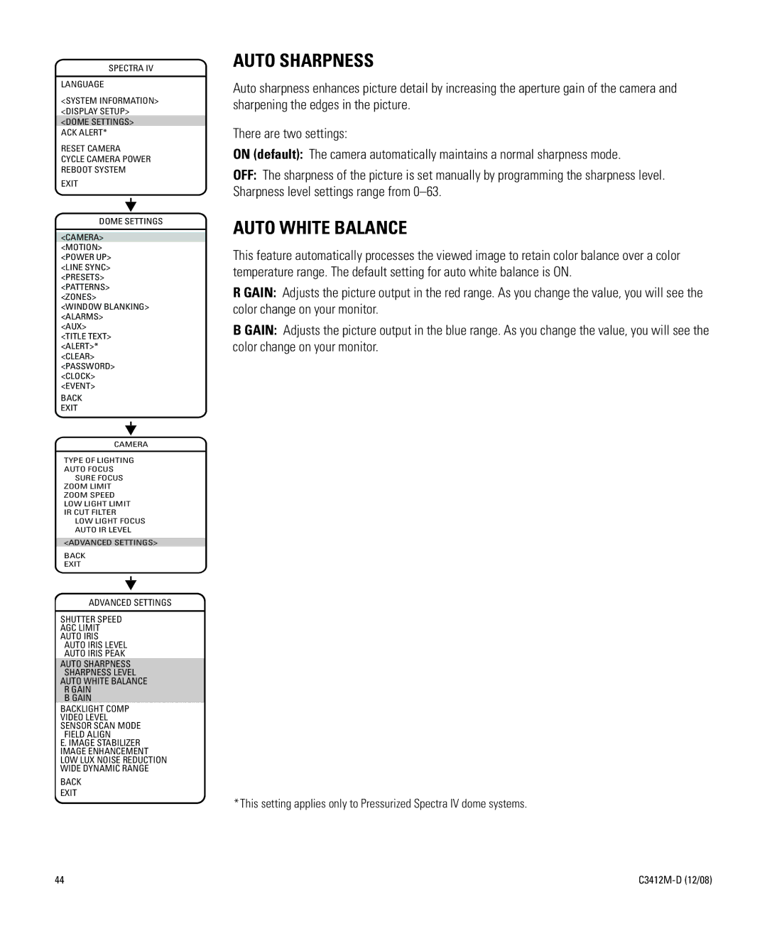 Pelco C3412M-D manual Auto Sharpness, Auto White Balance 