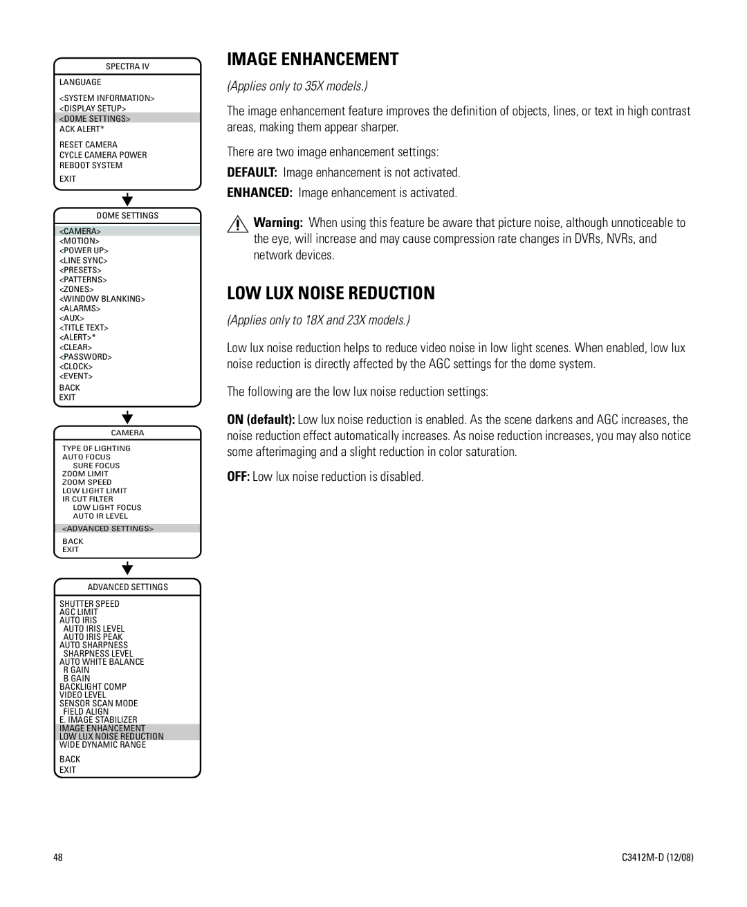 Pelco C3412M-D manual Image Enhancement, LOW LUX Noise Reduction 