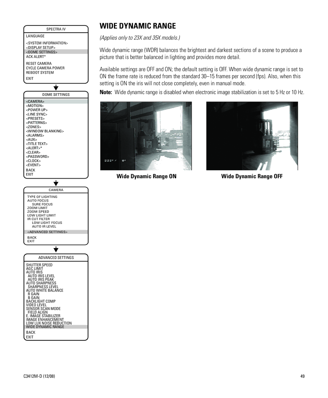 Pelco C3412M-D manual Wide Dynamic Range, Applies only to 23X and 35X models 