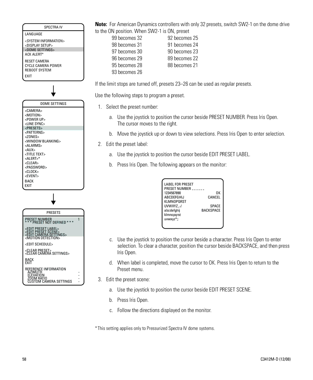 Pelco C3412M-D Back Exit Presets Preset Number, Label for Preset Preset Number, Abcdefghij Cancel Klmnopqrst Uvwxyz Space 