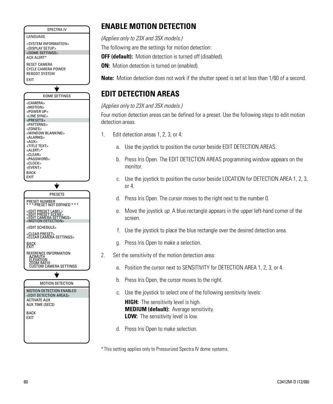 Pelco C3412M-D manual Enable Motion Detection, Edit Detection Areas, Presets Preset Number Preset not Defined 