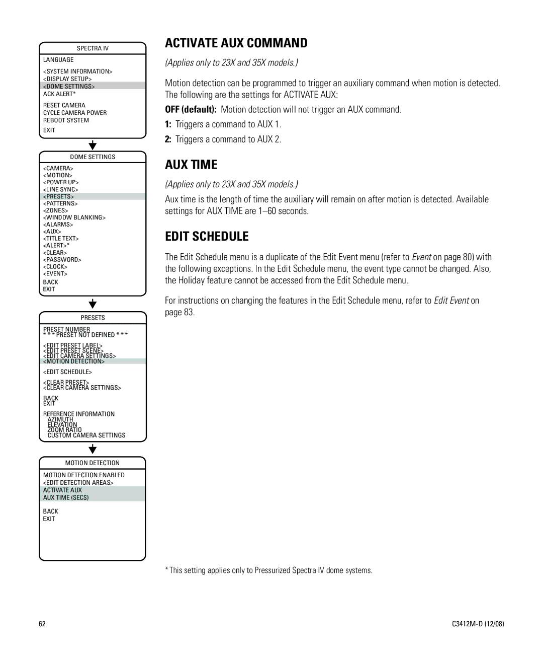 Pelco C3412M-D manual Activate AUX Command, AUX Time, Edit Schedule 