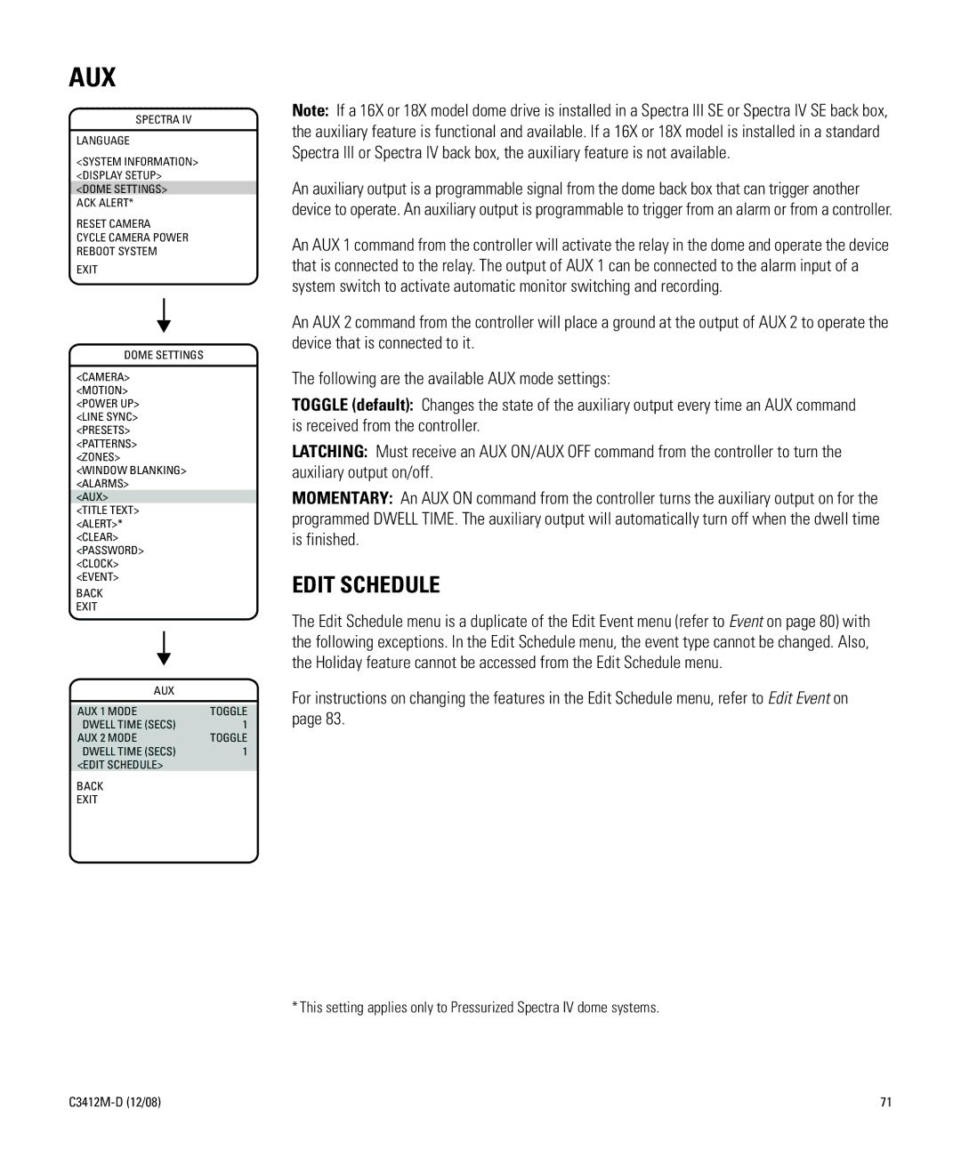 Pelco C3412M-D Aux, Back Exit AUX AUX 1 Mode Toggle Dwell Time Secs AUX 2 Mode, Dwell Time Secs Edit Schedule Back Exit 