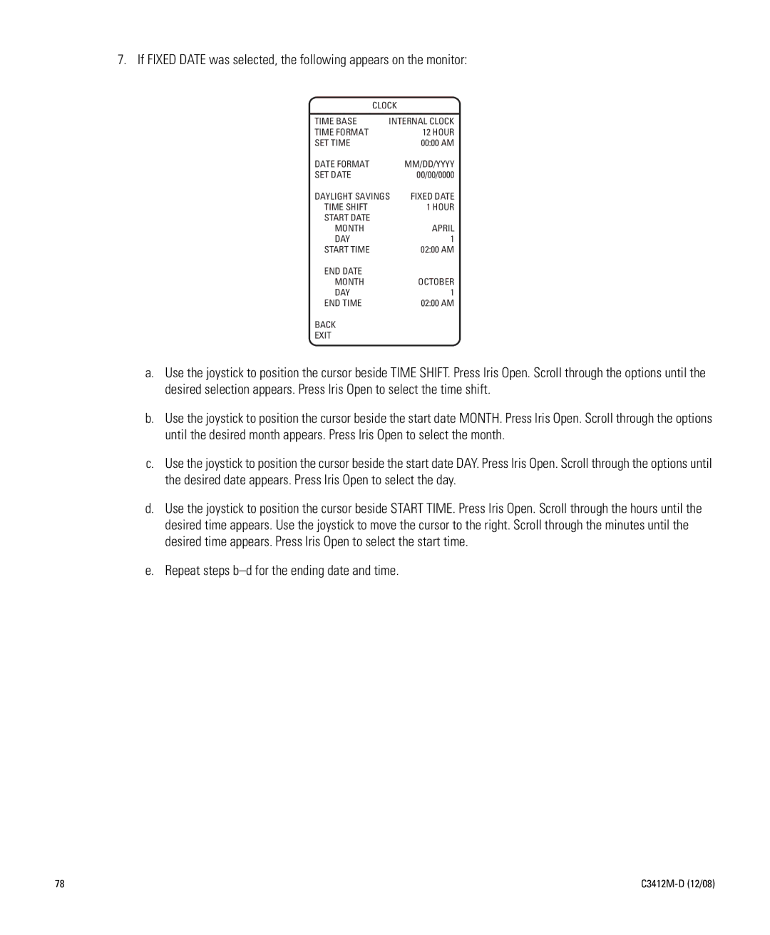 Pelco C3412M-D manual Clock Time Base Internal Clock, Hour, Month April DAY, END Date Month October DAY END Time 