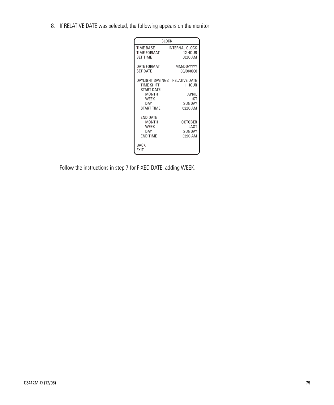 Pelco C3412M-D manual Time Base Internal Clock, Mm/Dd/Yyyy, Month April Week 1ST DAY Sunday 