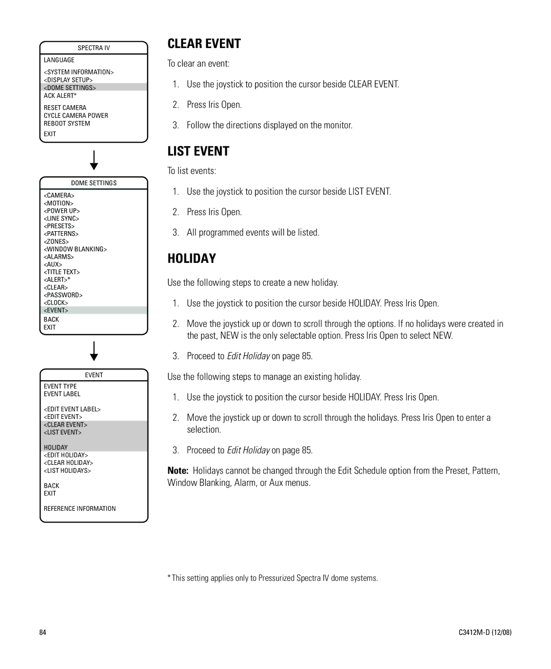 Pelco C3412M-D manual Clear Event, List Event, Holiday 