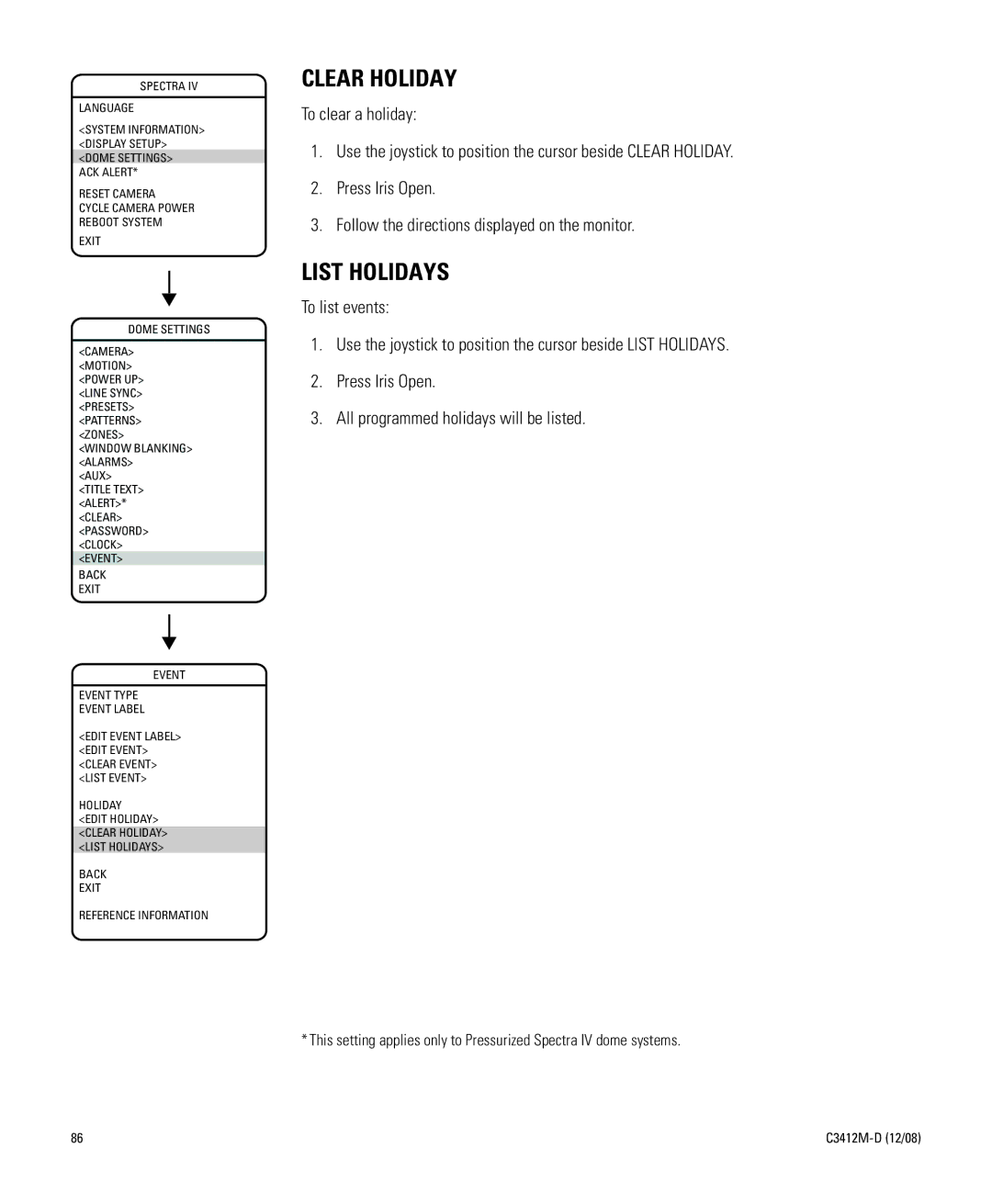 Pelco C3412M-D manual Clear Holiday, List Holidays 