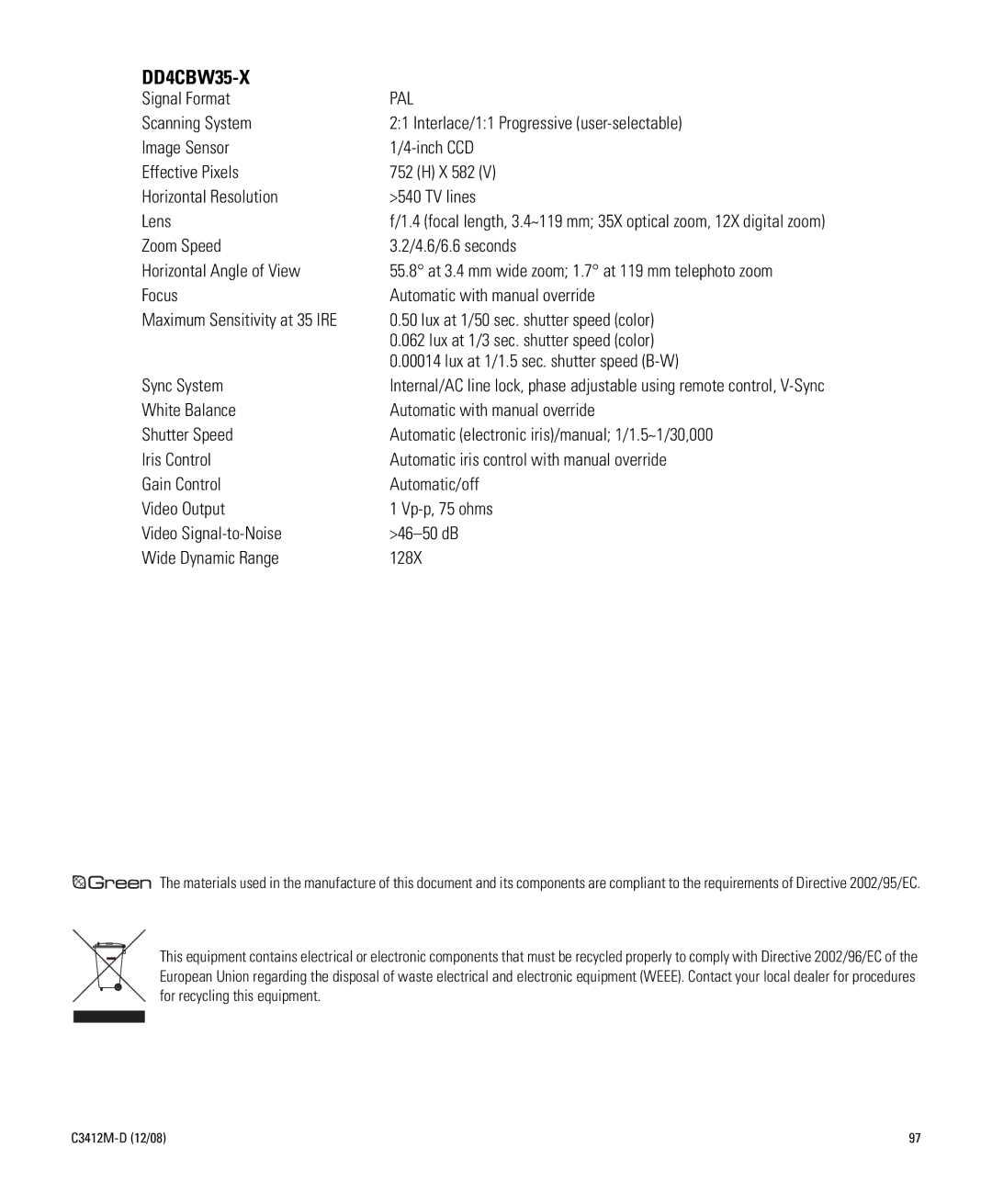 Pelco C3412M-D manual DD4CBW35-X 