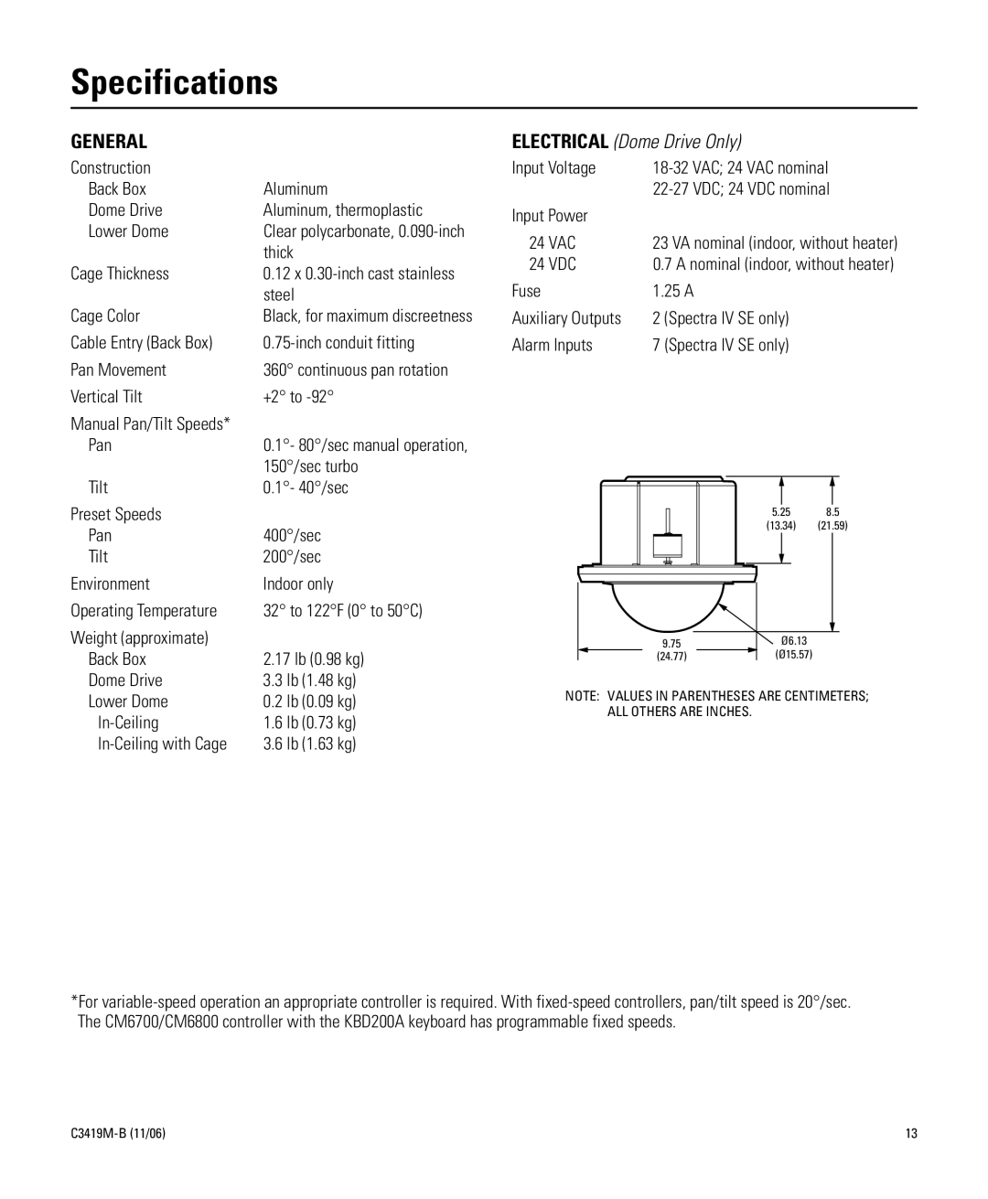 Pelco C3419M-B manual Specifications, General 