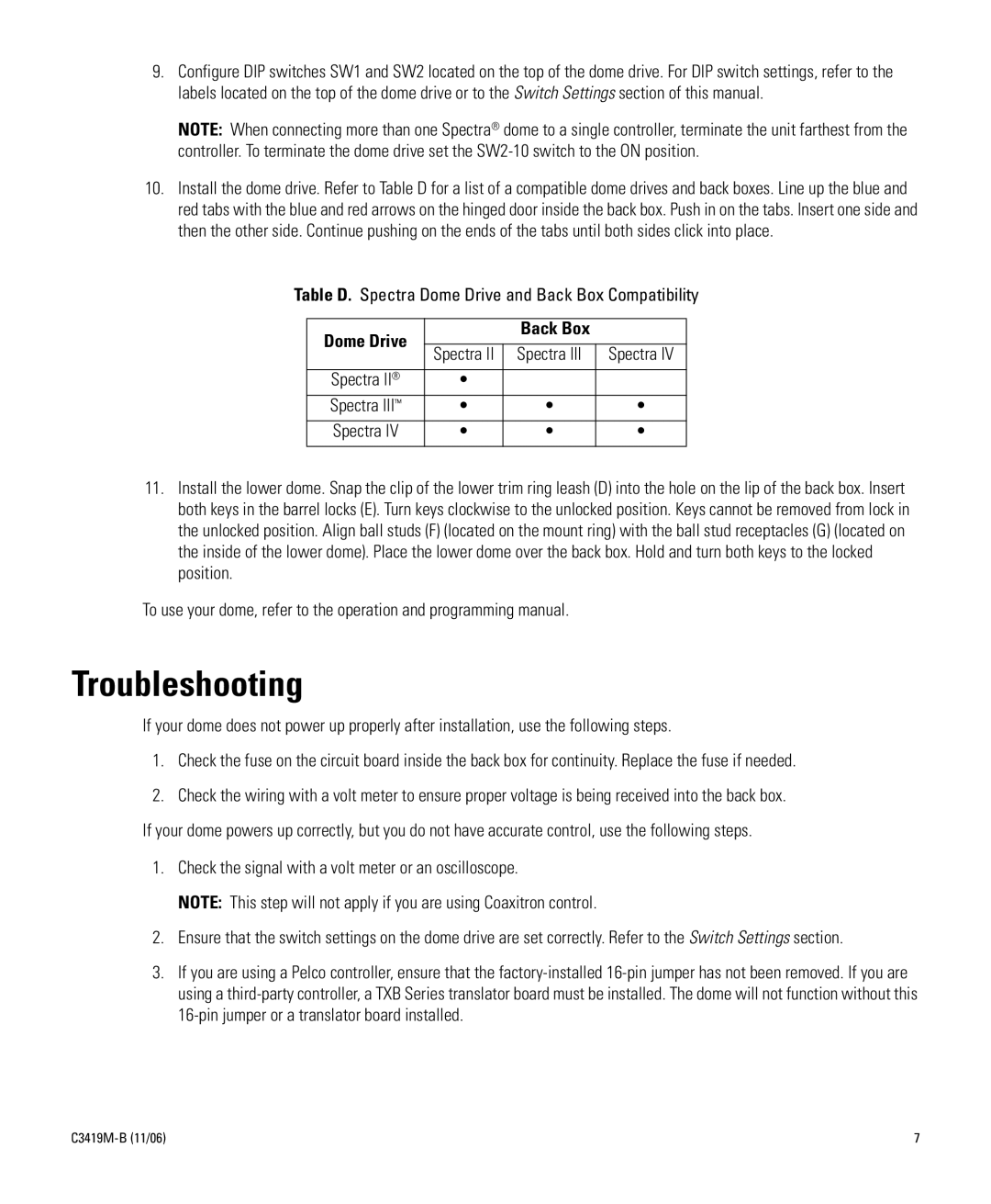 Pelco C3419M-B manual Troubleshooting, Dome Drive 