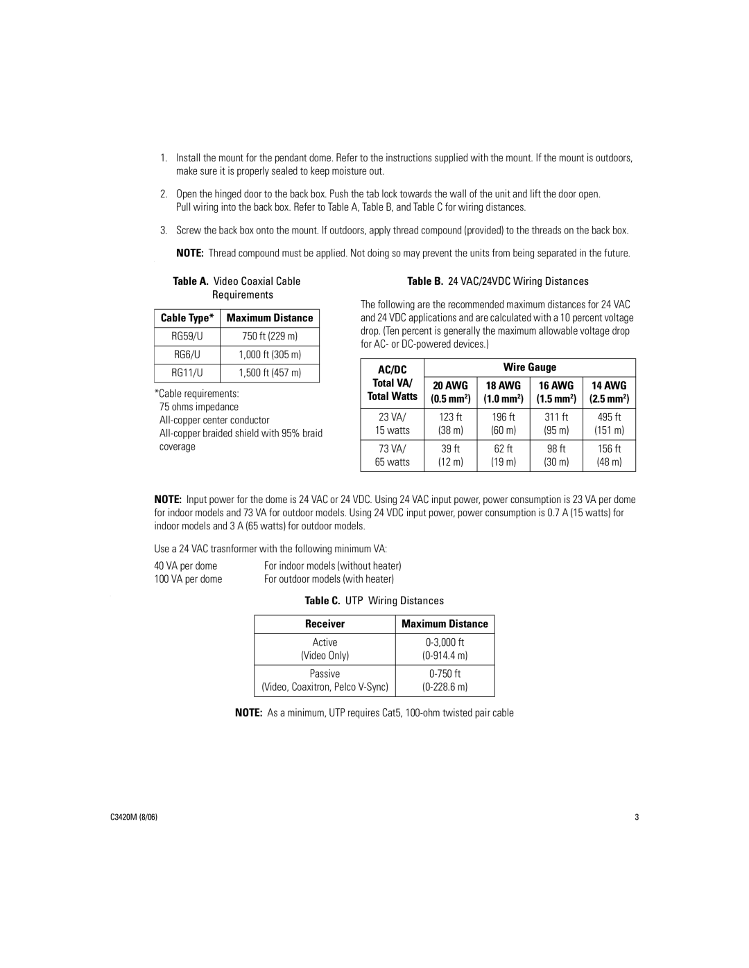 Pelco C3420M manual Table C. UTP Wiring Distances, Table A. Video Coaxial Cable Requirements 