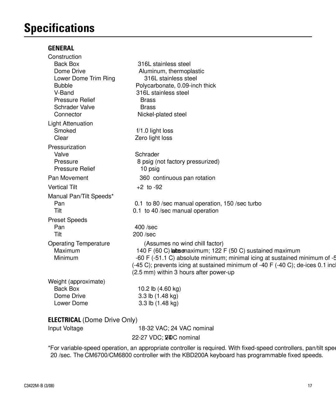 Pelco C3422M-B manual Specifications, General 