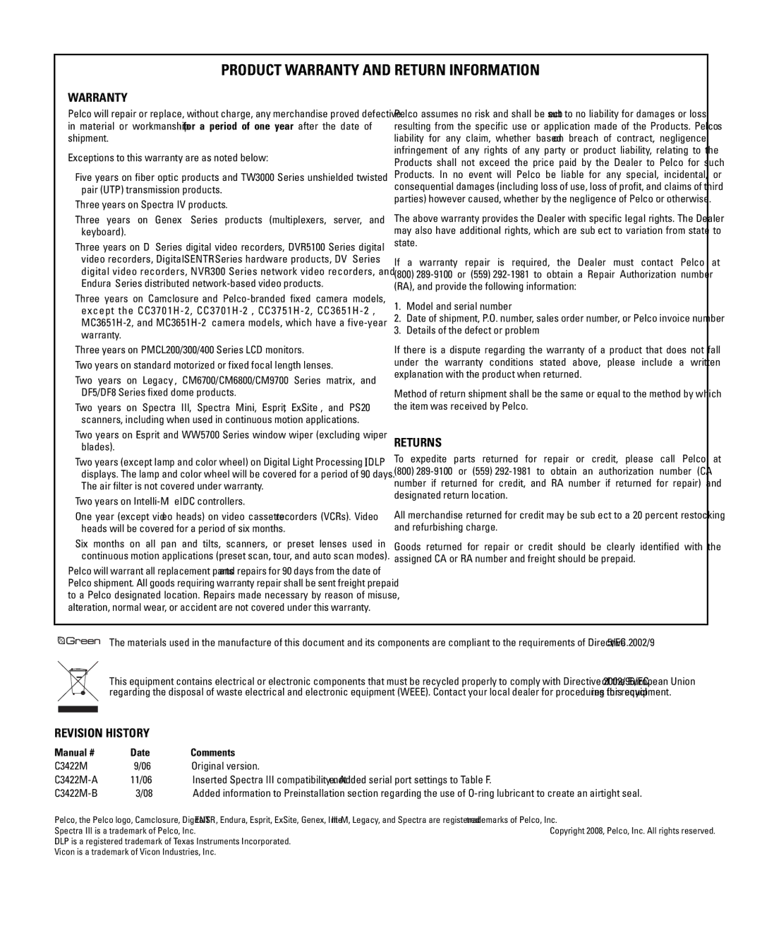 Pelco C3422M-B manual Product Warranty and Return Information 