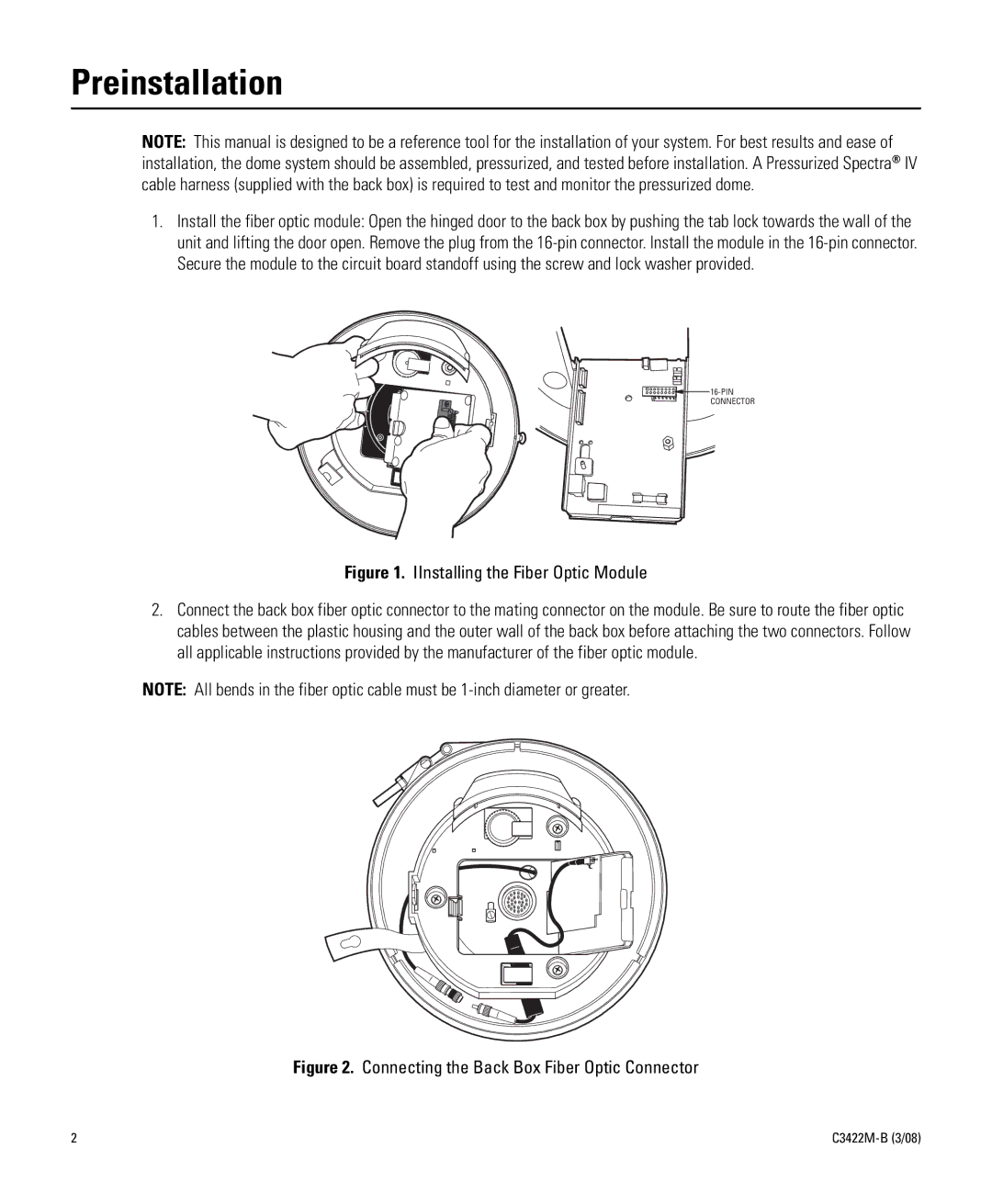 Pelco C3422M-B manual Preinstallation, IInstalling the Fiber Optic Module 