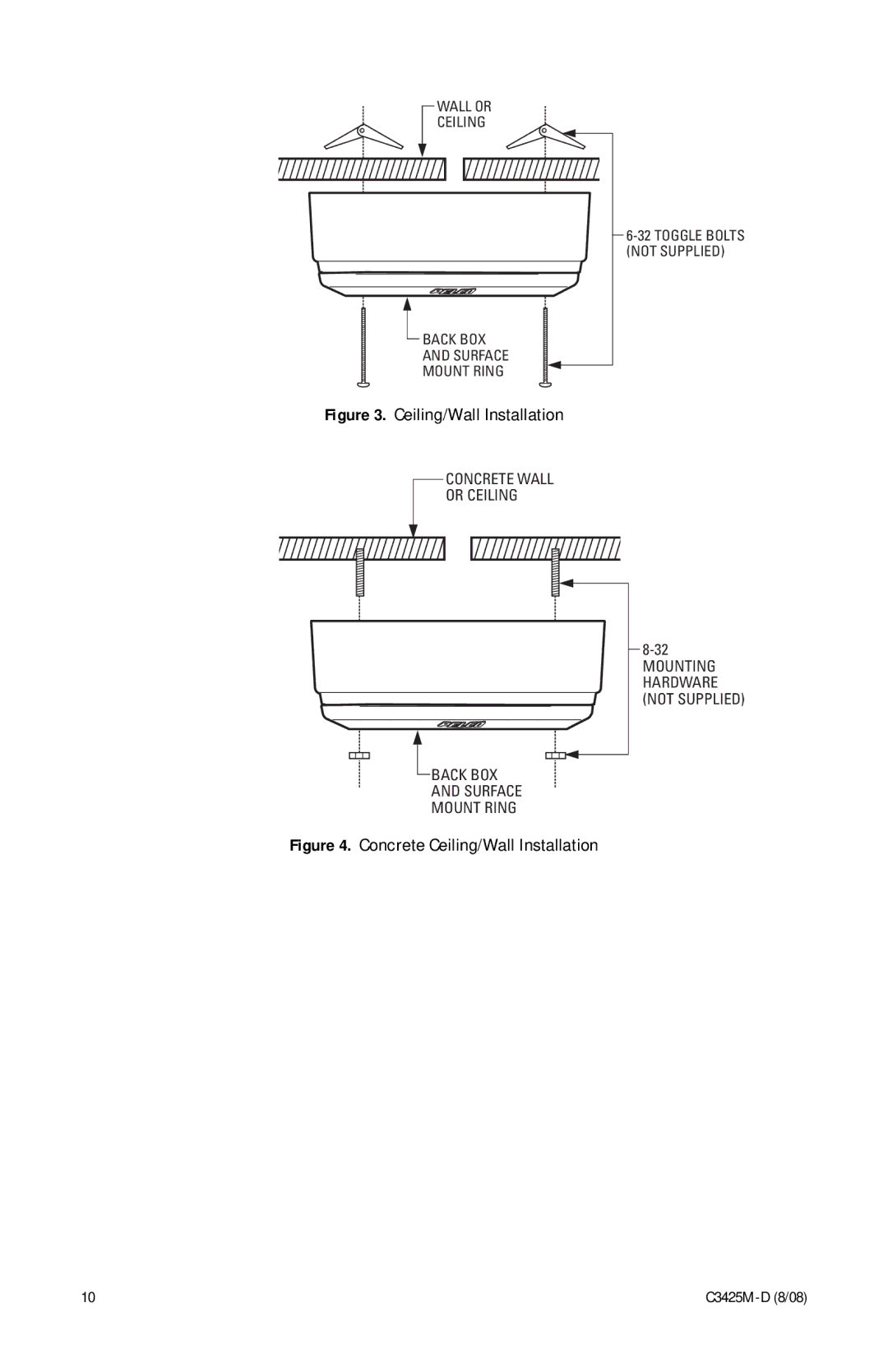 Pelco C3425M-D manual Ceiling/Wall Installation 