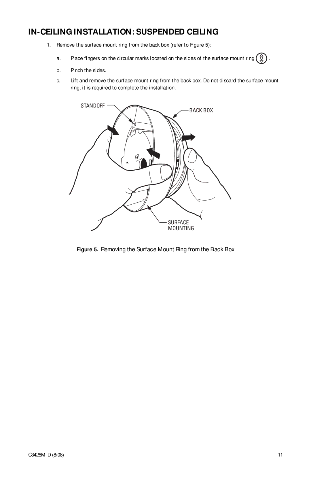 Pelco C3425M-D manual IN-CEILING Installation Suspended Ceiling, Removing the Surface Mount Ring from the Back Box 