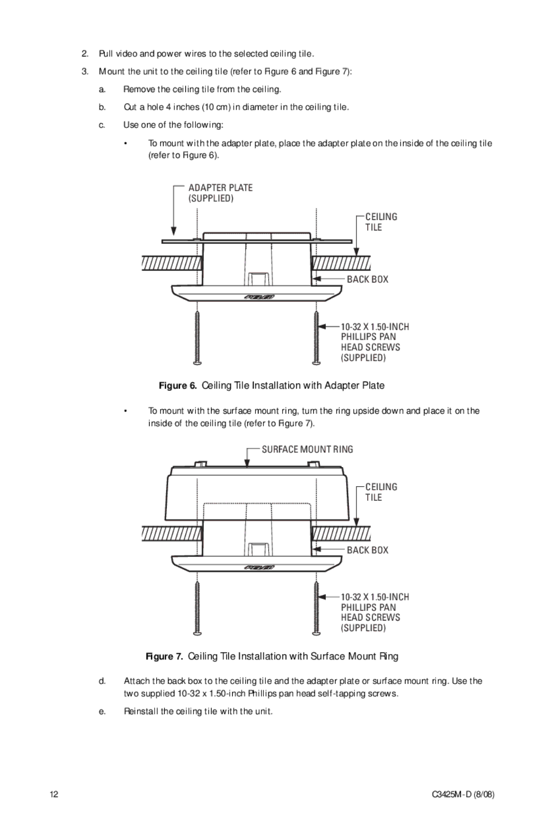 Pelco C3425M-D manual Ceiling Tile Installation with Surface Mount Ring 