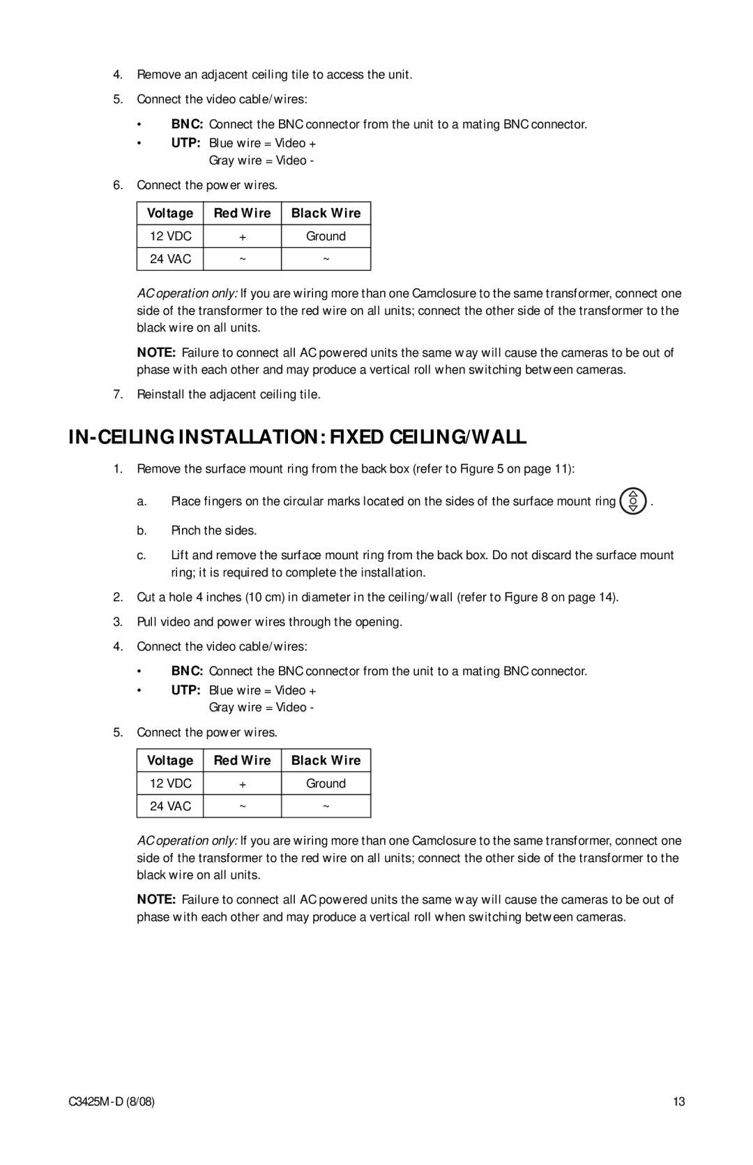 Pelco C3425M-D manual IN-CEILING Installation Fixed CEILING/WALL, Pinch the sides 