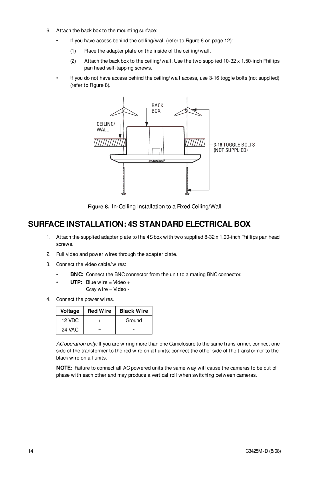 Pelco C3425M-D manual Surface Installation 4S Standard Electrical BOX, In-Ceiling Installation to a Fixed Ceiling/Wall 