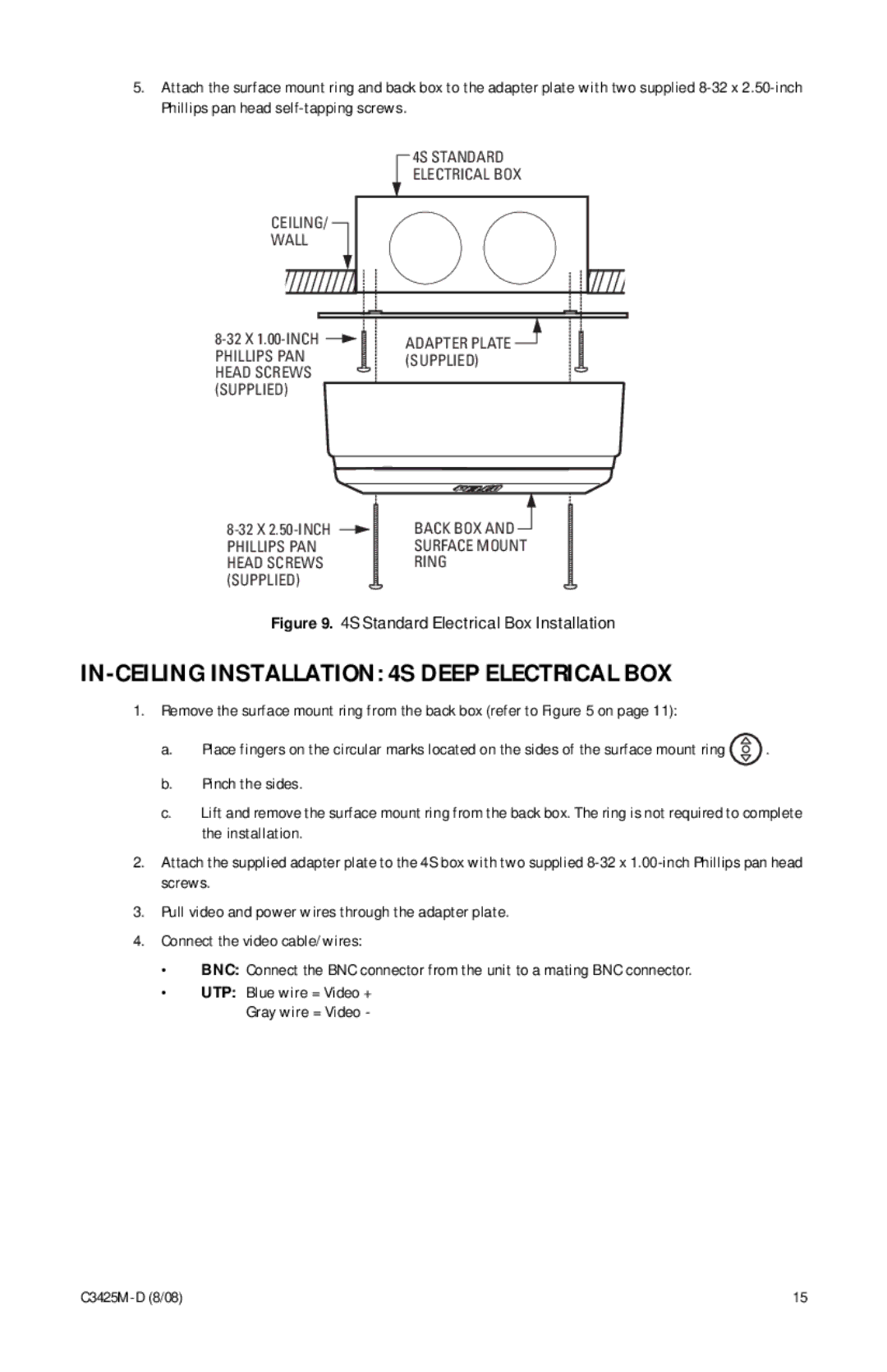 Pelco C3425M-D manual IN-CEILING Installation 4S Deep Electrical BOX, Standard Electrical Box Installation 