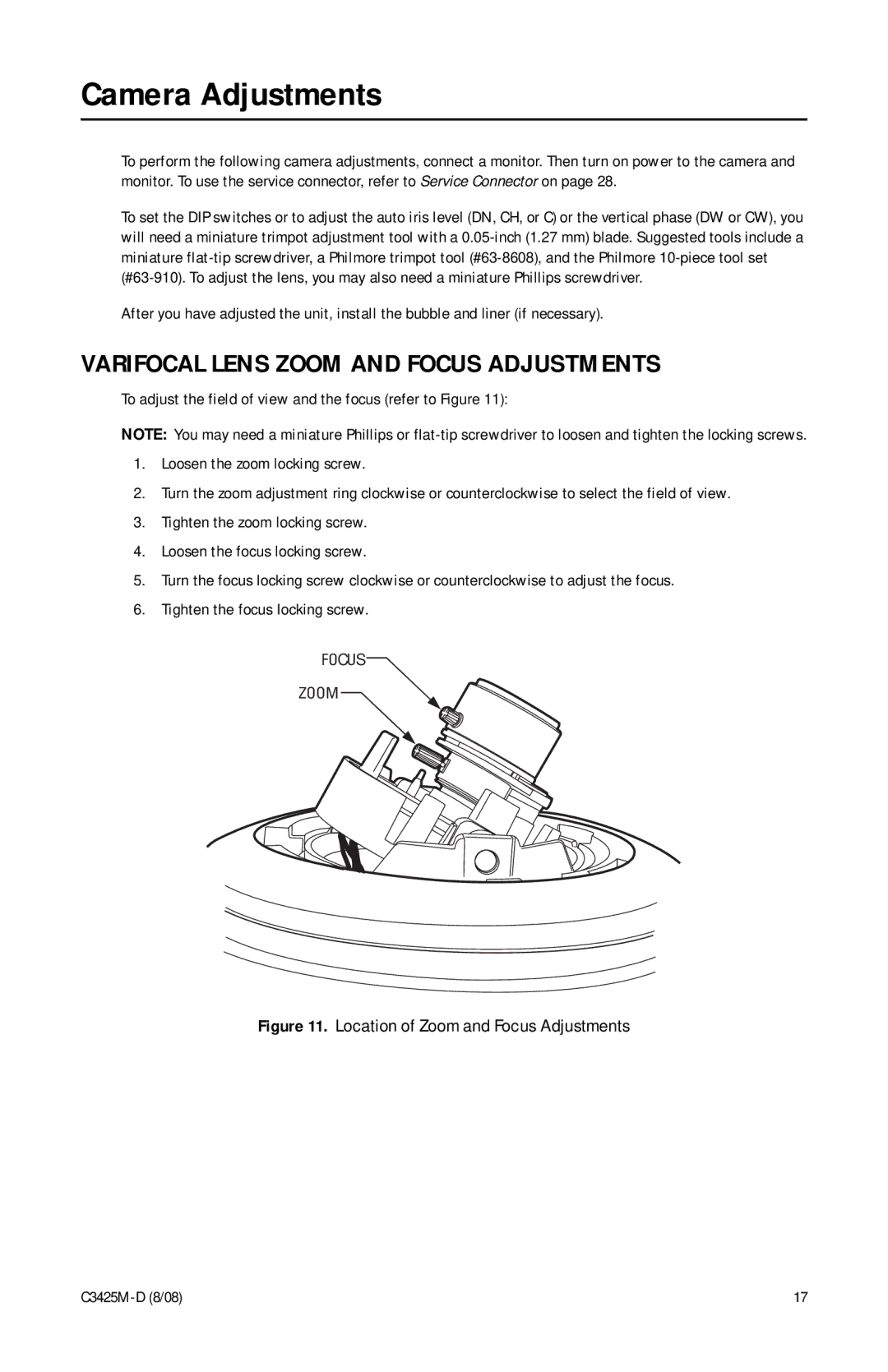 Pelco C3425M-D manual Camera Adjustments, Varifocal Lens Zoom and Focus Adjustments 
