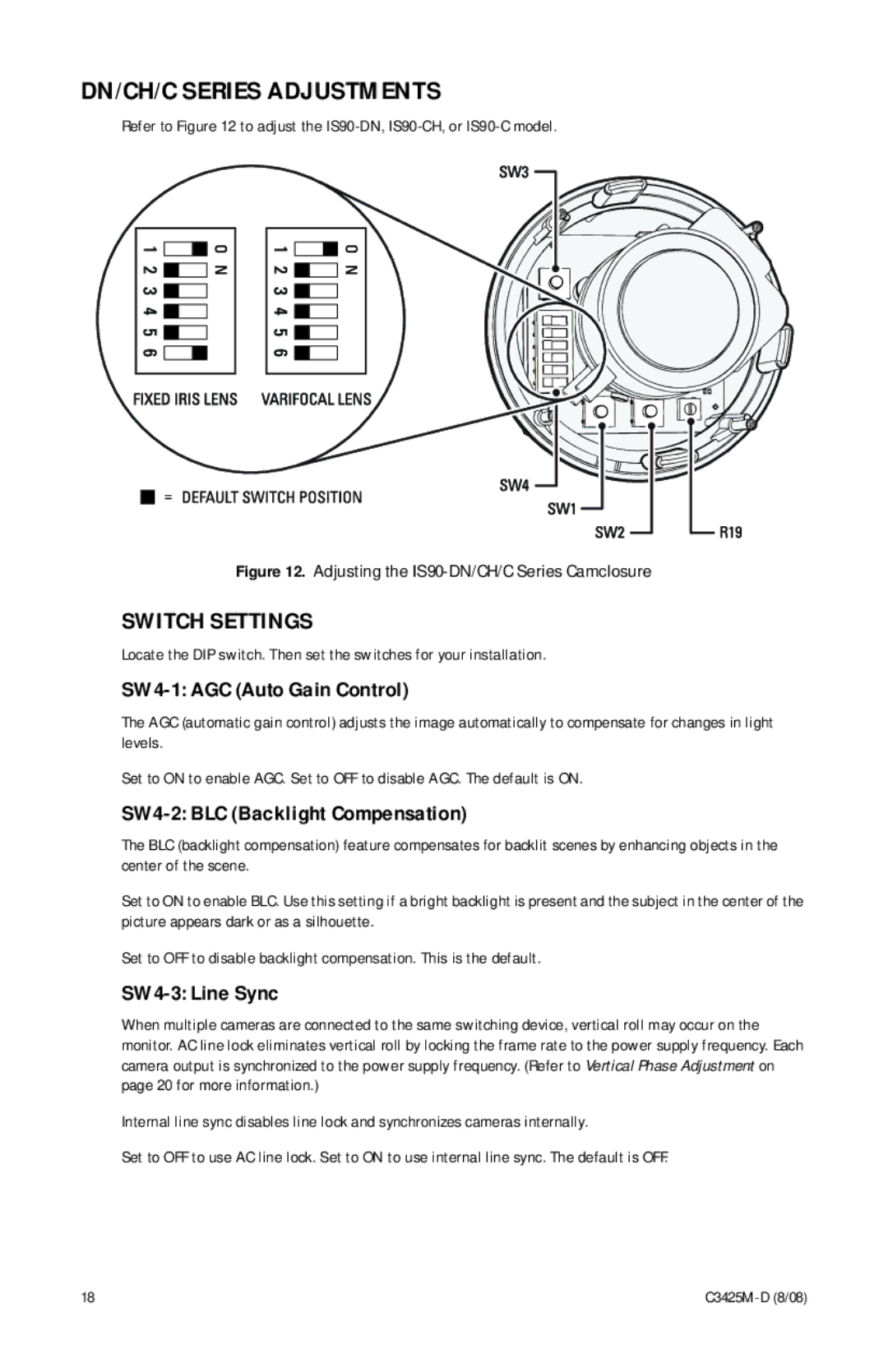 Pelco C3425M-D manual DN/CH/C Series Adjustments, Switch Settings 