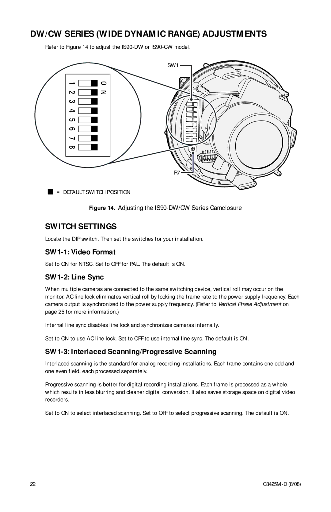 Pelco C3425M-D manual DW/CW Series Wide Dynamic Range Adjustments, SW1-2 Line Sync 